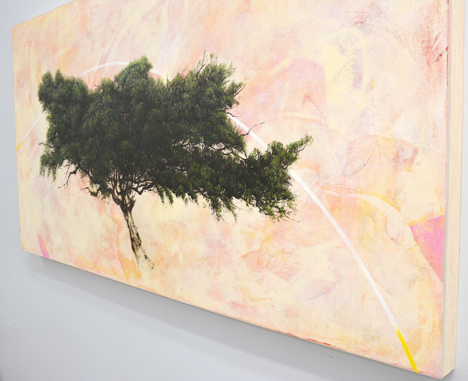 'Harlequin Pine', abstract realist tree painting with yellow, orange, pink - Beige Landscape Painting by Robert Marchessault