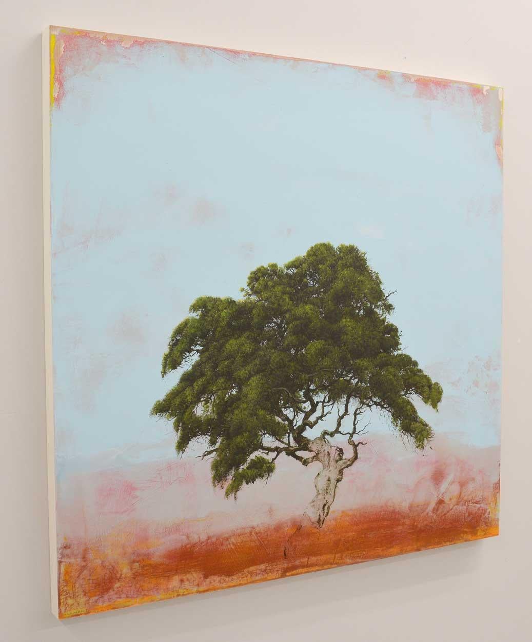 'Hopiland', abstract realist spring or summer tree painting with blue and orange - Painting by Robert Marchessault