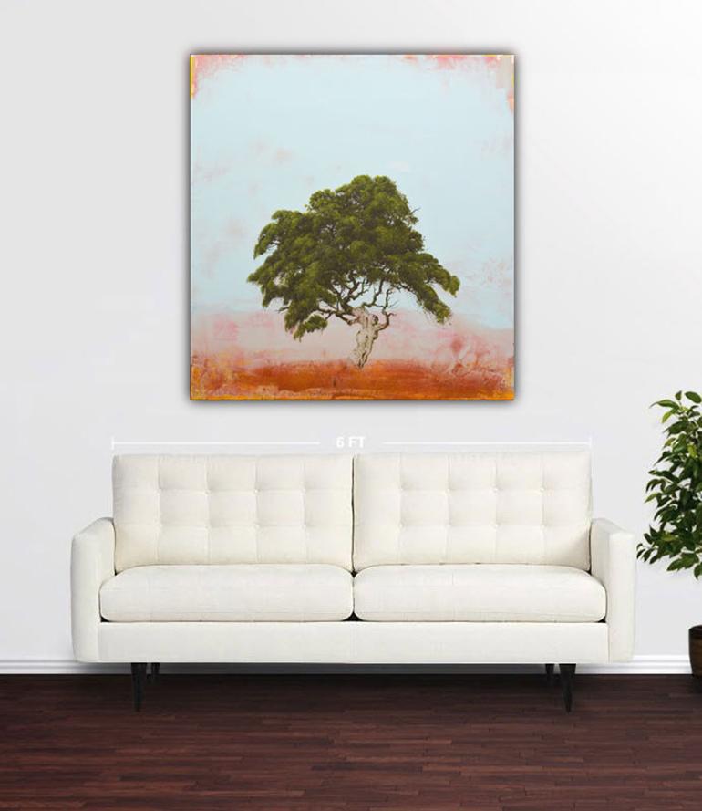 'Hopiland', abstract realist spring or summer tree painting with blue and orange 2