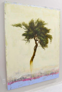 'Inconnu', abstract realist cypress tree painting with pink, periwinkle, yellow