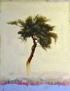 „Inconnu“:: abstraktes:: realistisches Zypressenbaumgemälde mit rosa:: geriffelten:: gelben Motiven