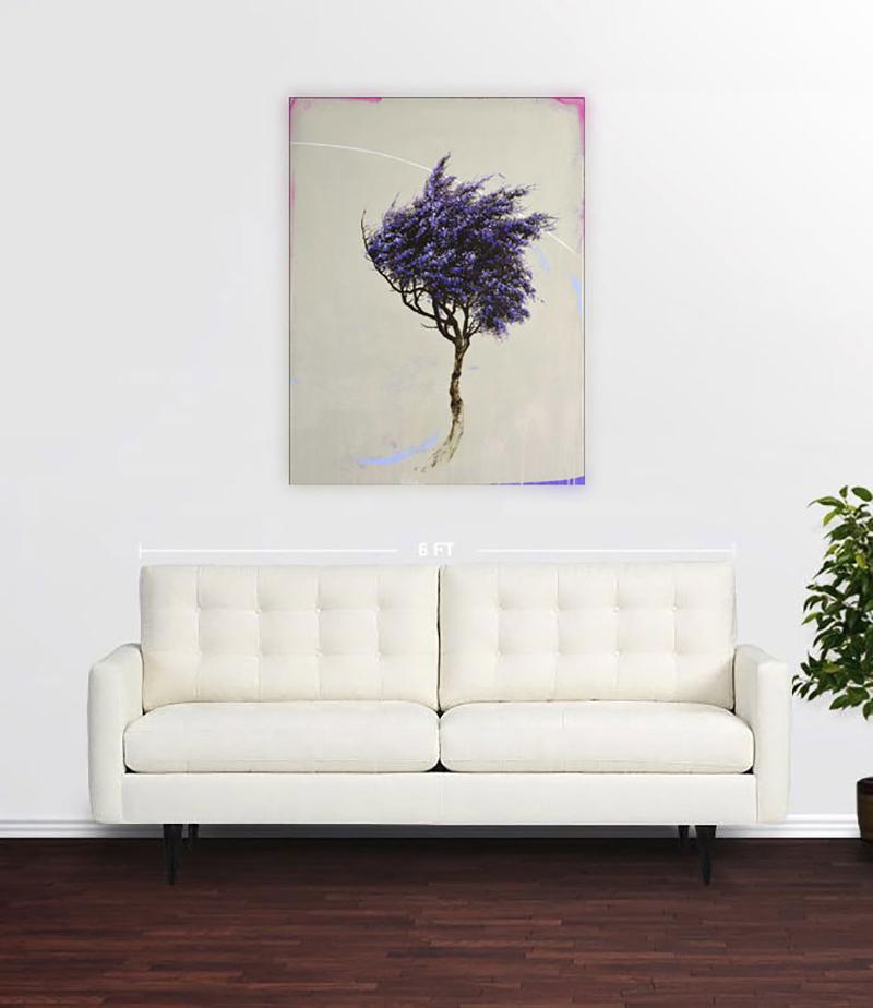 'Jacaranda', abstract realist flowering tree painting with purple, cream, beige - Painting by Robert Marchessault