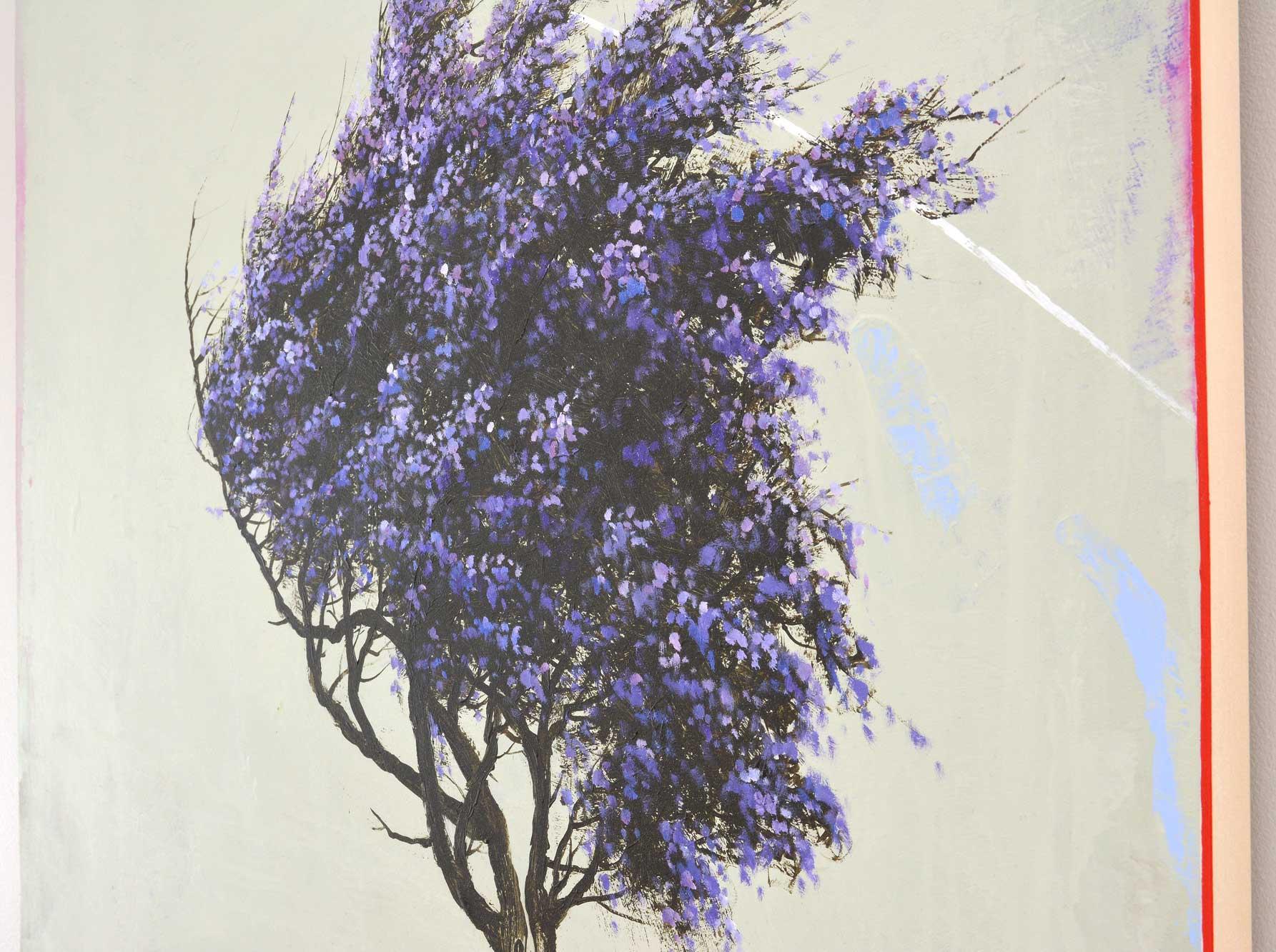 'Jacaranda', abstract realist flowering tree painting with purple, cream, beige - Contemporary Painting by Robert Marchessault