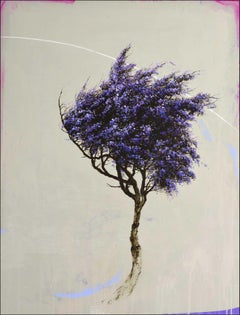 Jacaranda", abstraktes, realistisches Gemälde eines blühenden Baumes in Lila, Creme und Beige