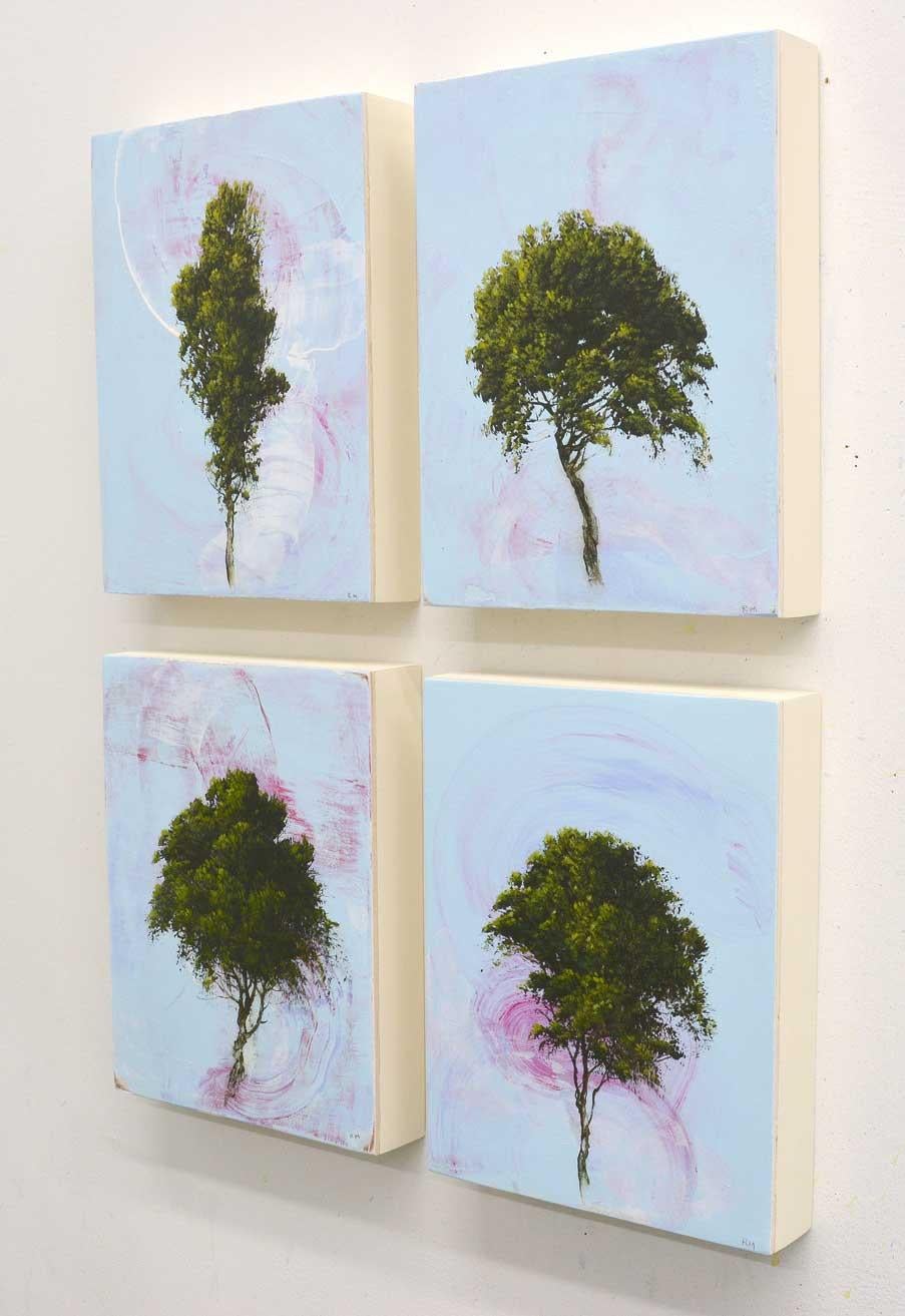 'Quartet', abstract tree painting series of 4 with sky blue, pink, green - Painting by Robert Marchessault