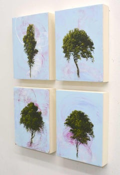 'Quartet', abstract tree painting series of 4 with sky blue, pink, green