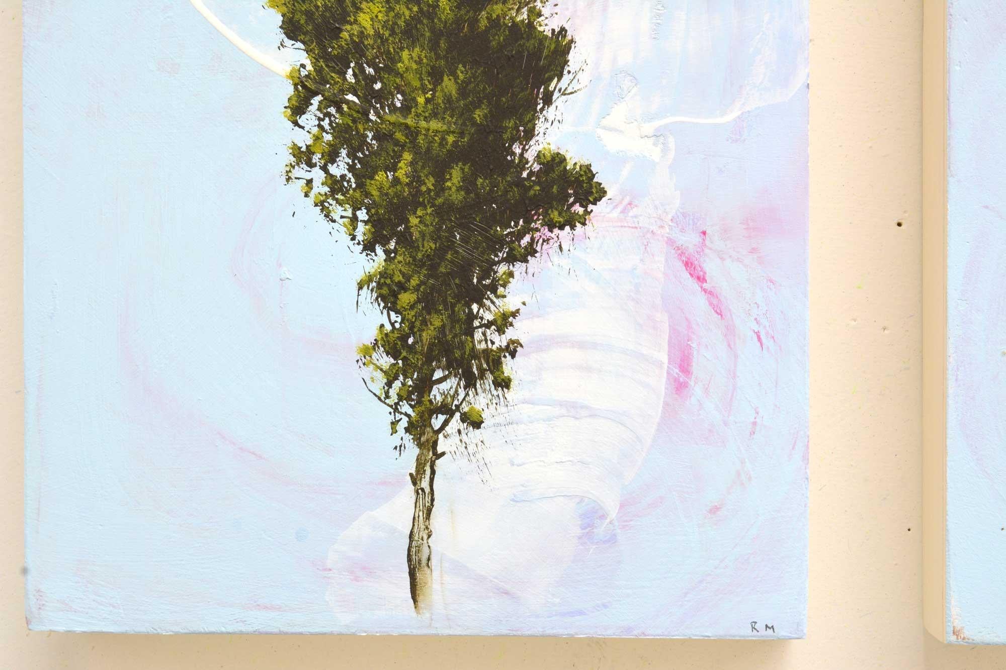 'Quartet', abstract tree painting series of 4 with sky blue, pink, green - Contemporary Painting by Robert Marchessault