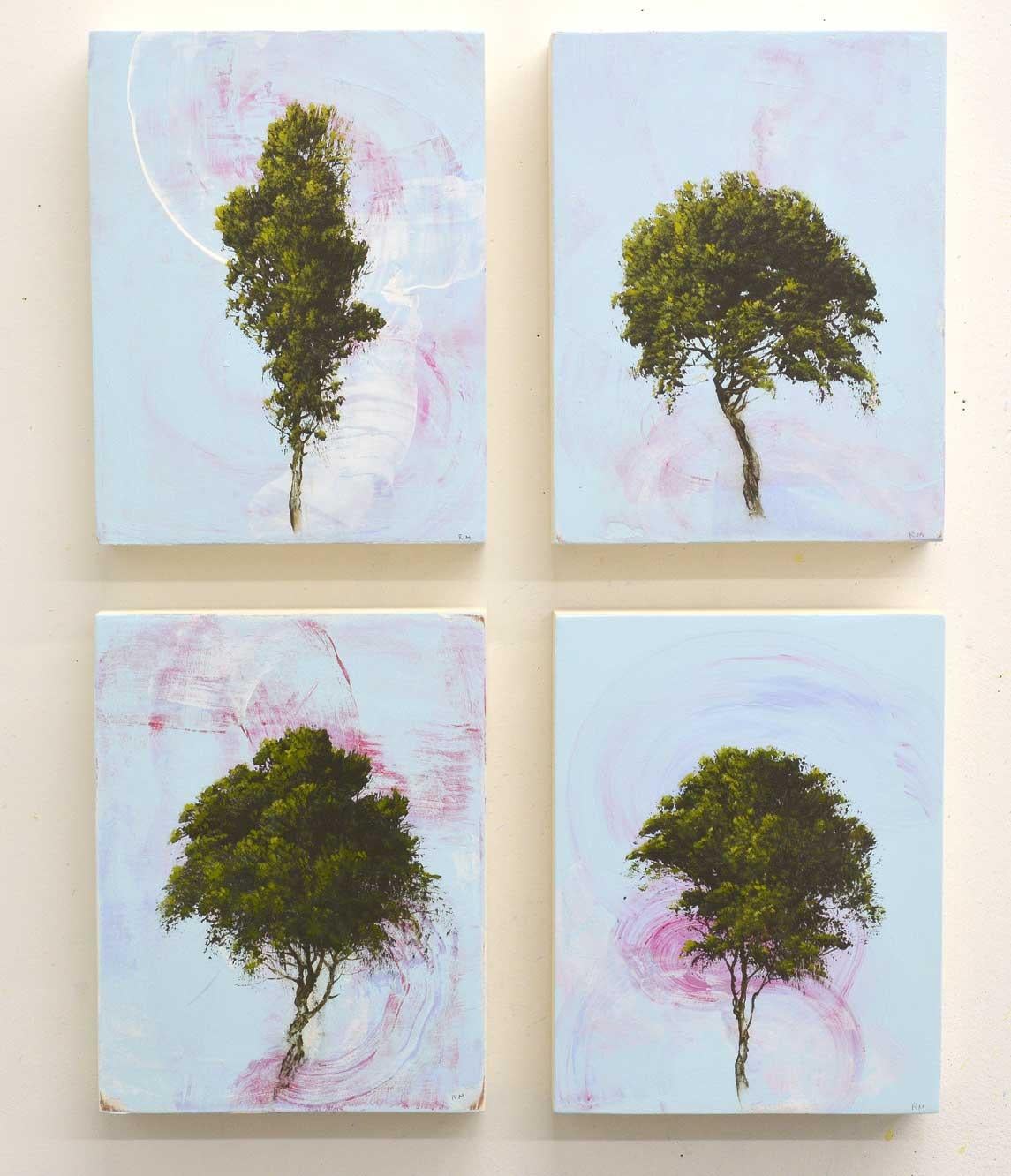 Robert Marchessault Landscape Painting - 'Quartet', abstract tree painting series of 4 with sky blue, pink, green