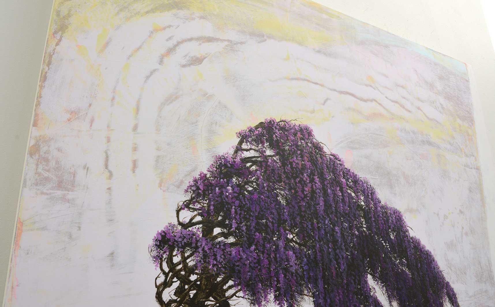 'Wisteria', abstract realist flowering tree painting with purple, chartreuse - Contemporary Painting by Robert Marchessault