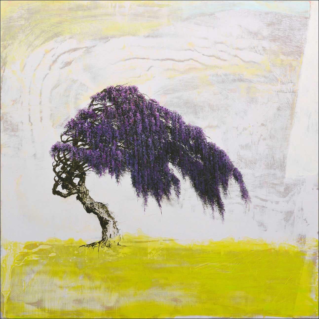 Robert Marchessault Landscape Painting - 'Wisteria', abstract realist flowering tree painting with purple, chartreuse