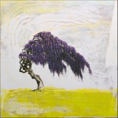 'Wisteria', abstract realist flowering tree painting with purple, chartreuse