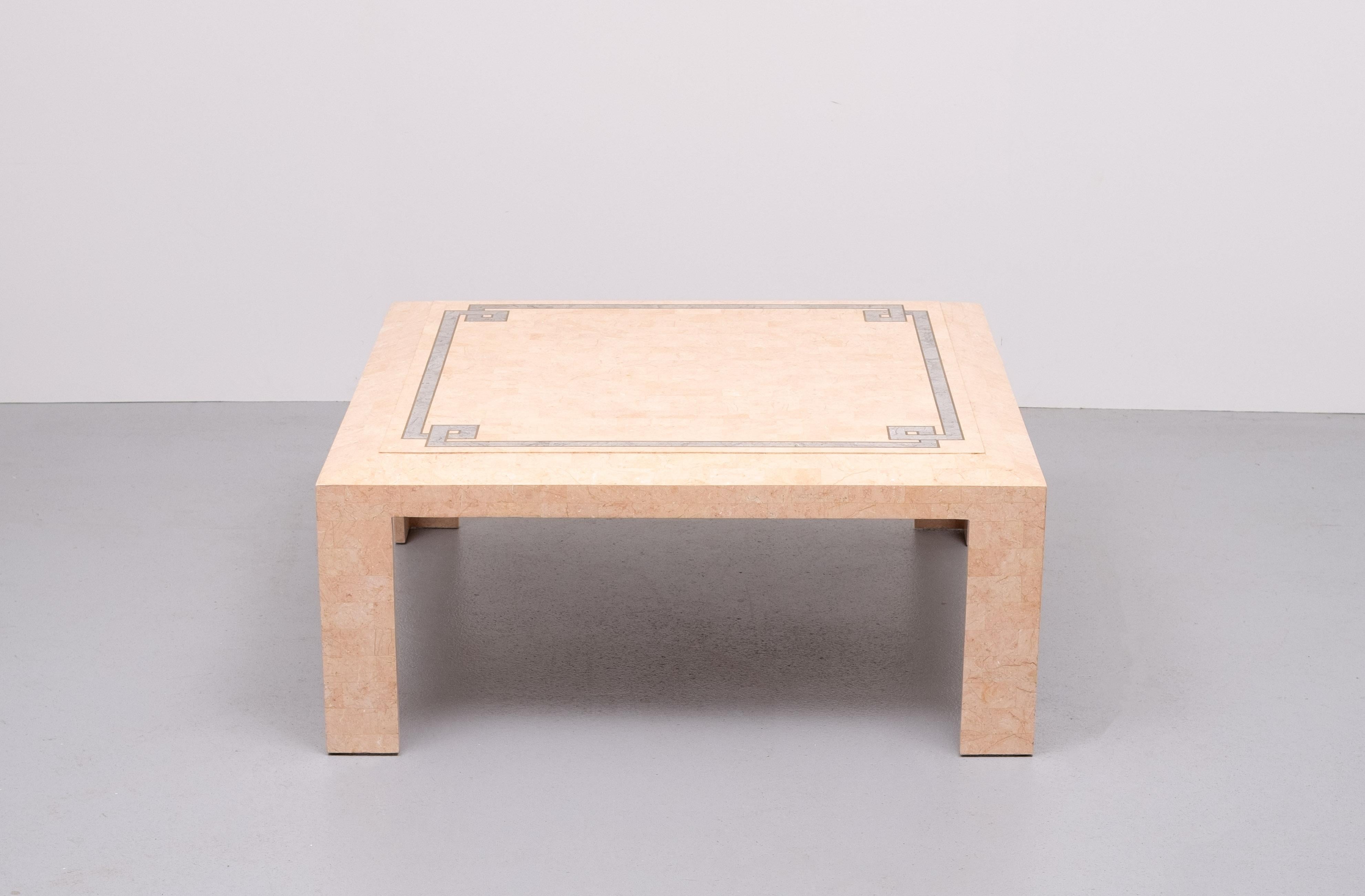 Philippine Robert Marcius Pink Tessellated Marble and Brass inlay Coffee table 1970s For Sale