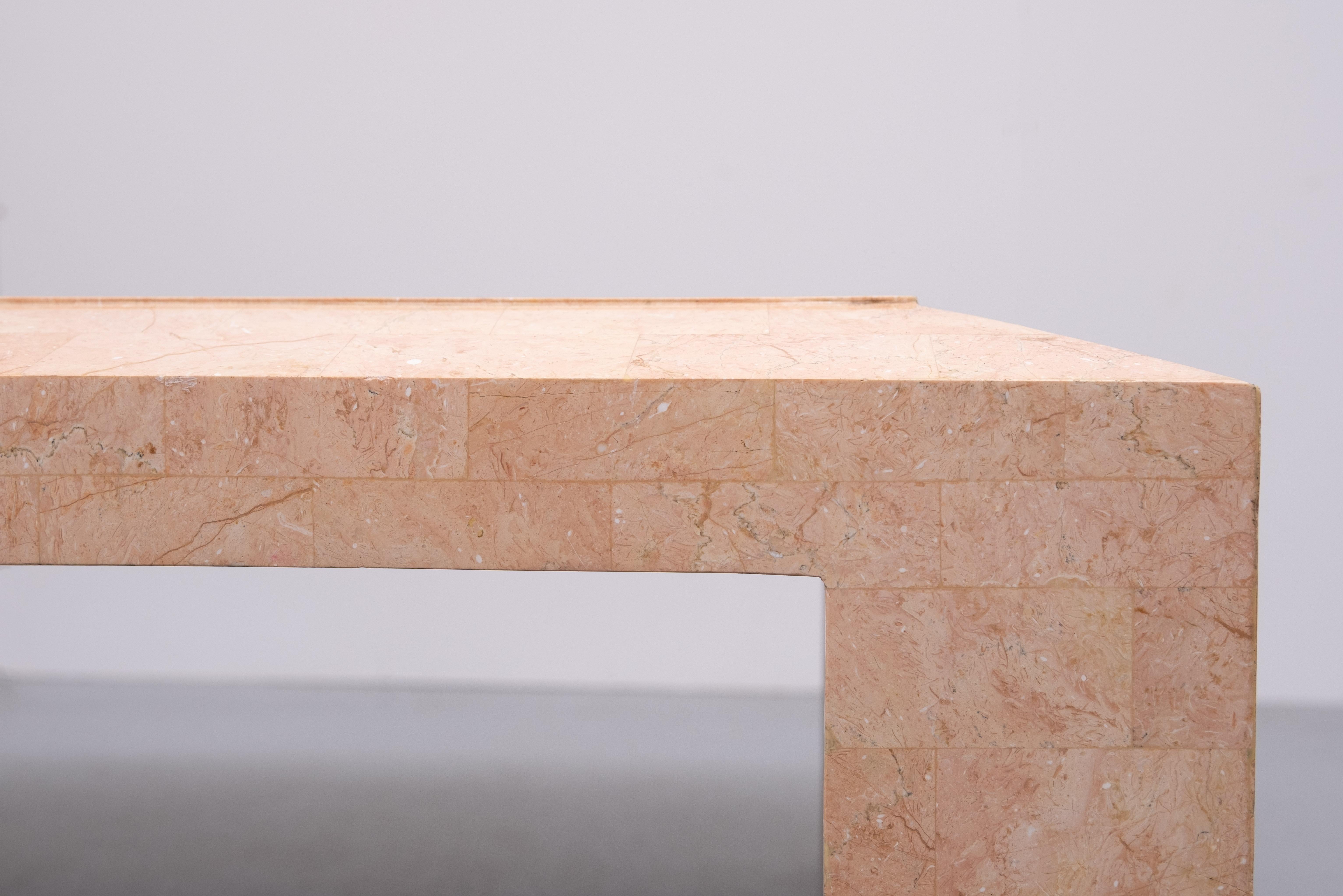 Laminated Robert Marcius Pink Tessellated Marble and Brass inlay Coffee table 1970s For Sale