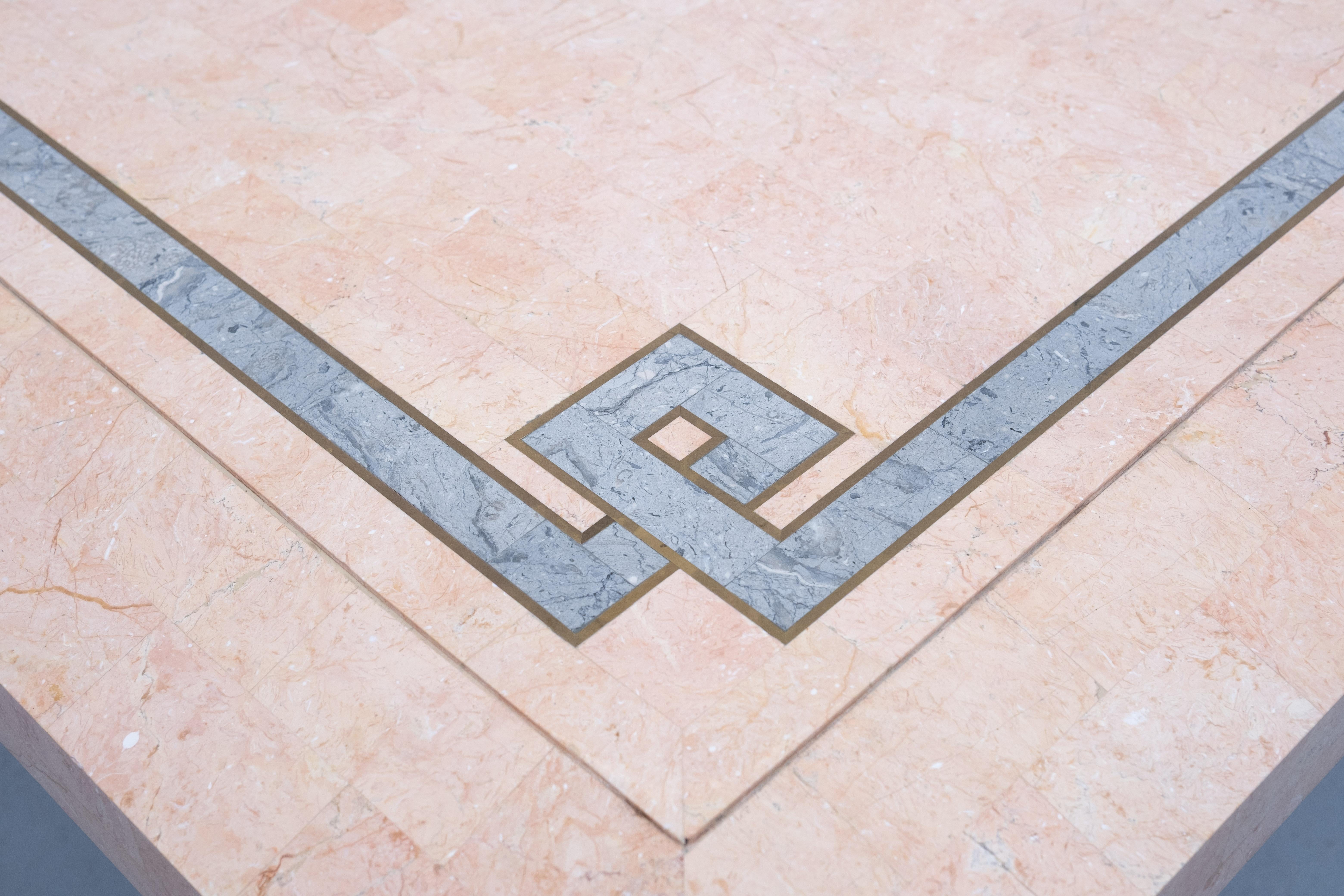 Late 20th Century Robert Marcius Pink Tessellated Marble and Brass inlay Coffee table 1970s For Sale