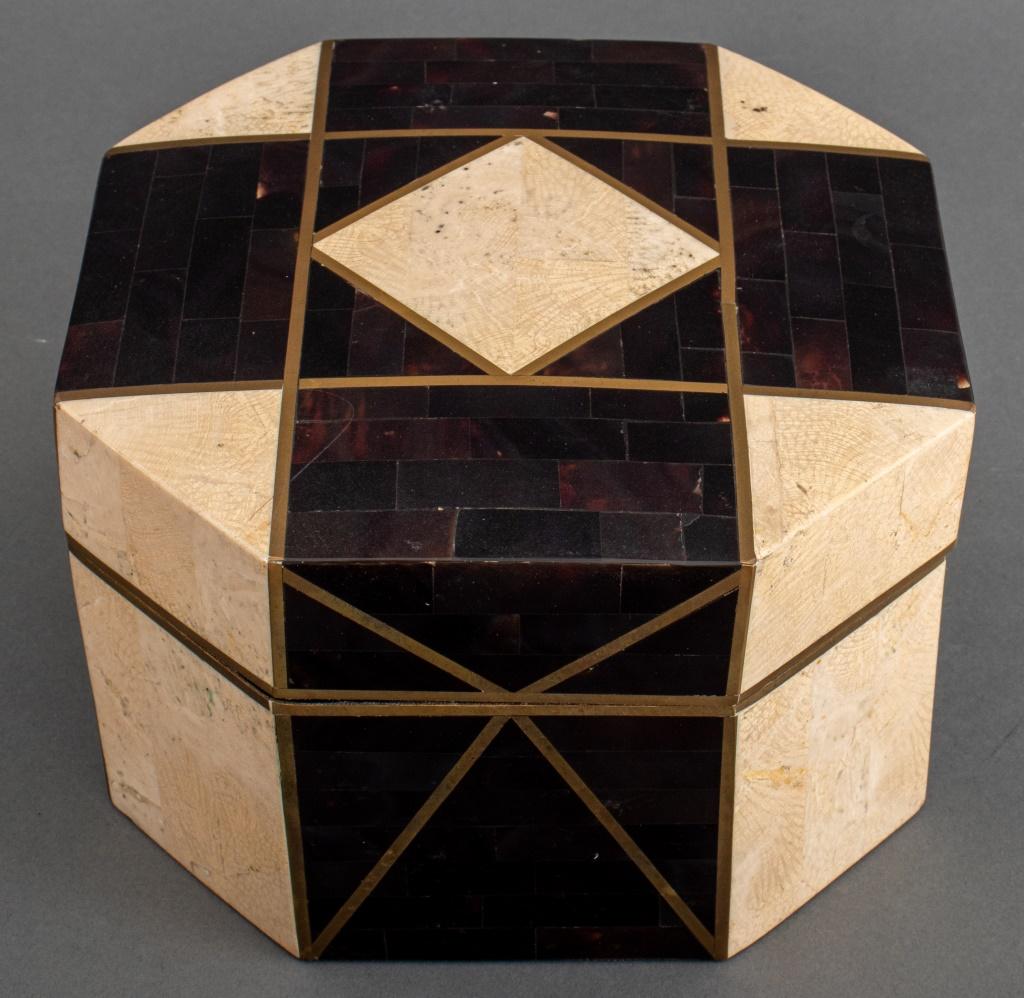 Robert Marcius for Casa Bique Tessellated Stone Octagonal Covered Box, with brass inlay.

Dealer: S138XX