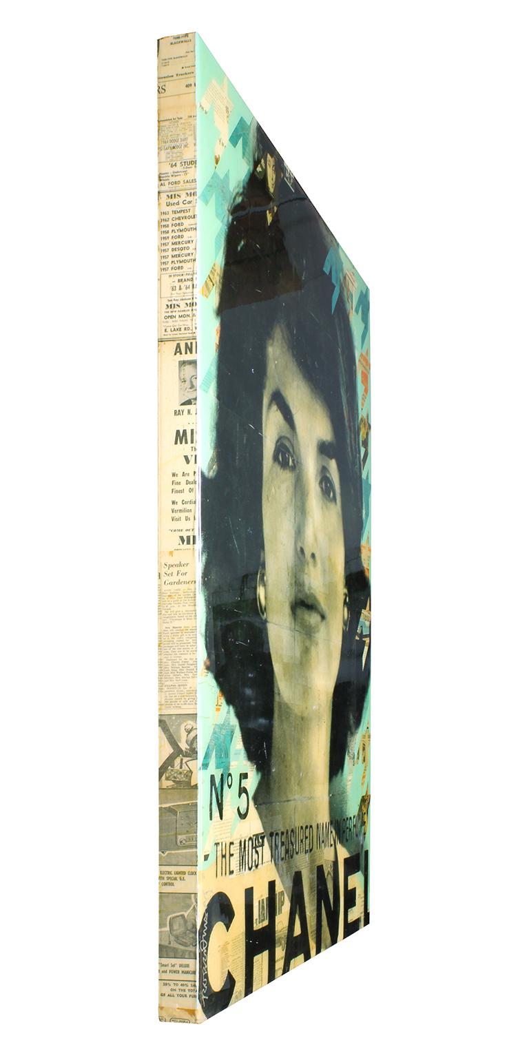 Mixed media on wood panel with UV epoxy featuring image of Jackie Kennedy by artist Robert Mars, who is known for his use of vintage printed material such as magazines, newspapers and wallpaper as well as his use of quilt patterns to create his own