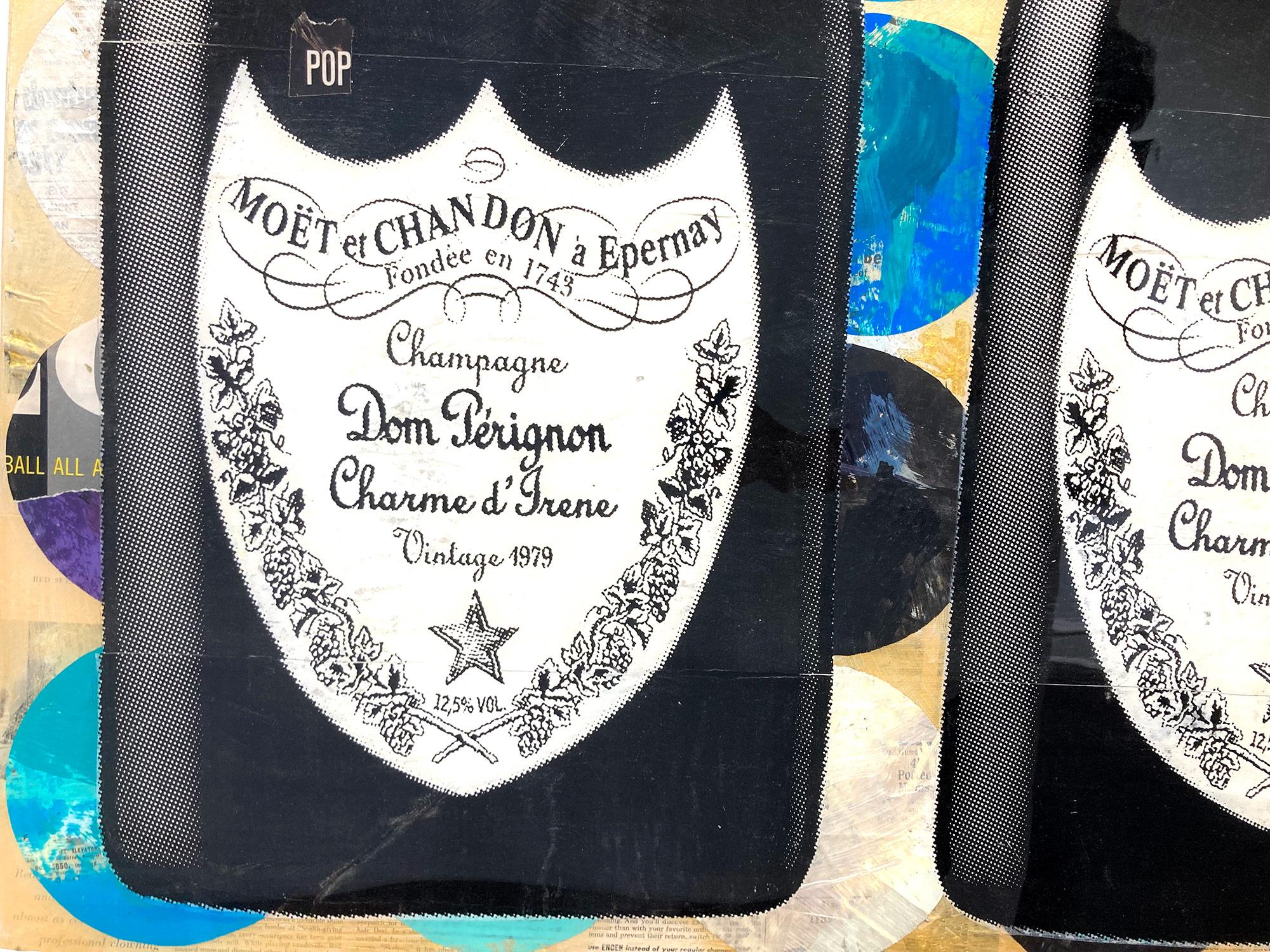 Dieses Stück stellt die berühmte Champagnerflasche DOM Pérignon dar. Er feiert diese ikonische Marke aus der Goldenen Ära mit ausdrucksstarken und kräftigen Farben, indem er diese Momente der Geschichte einfängt. Seine Gemälde dienen als Vehikel, um