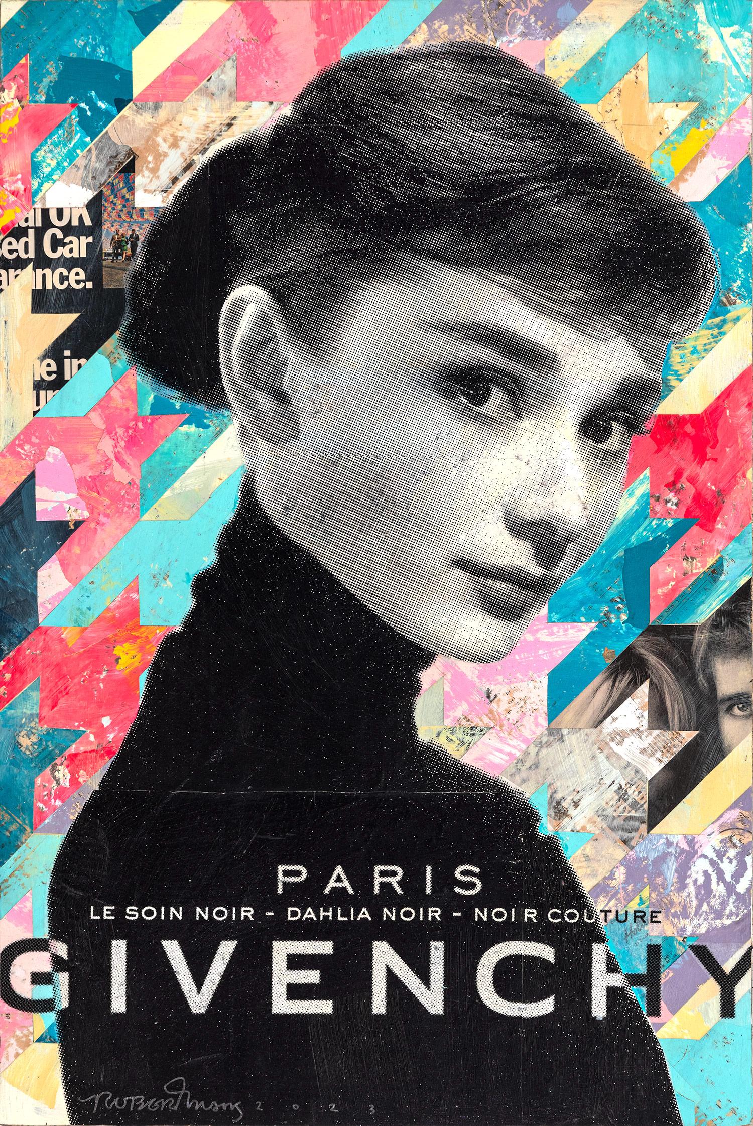 Robert Mars Portrait Painting - "Truth Be Told" Audrey Hepburn Collage Composition Painting on Panel Board
