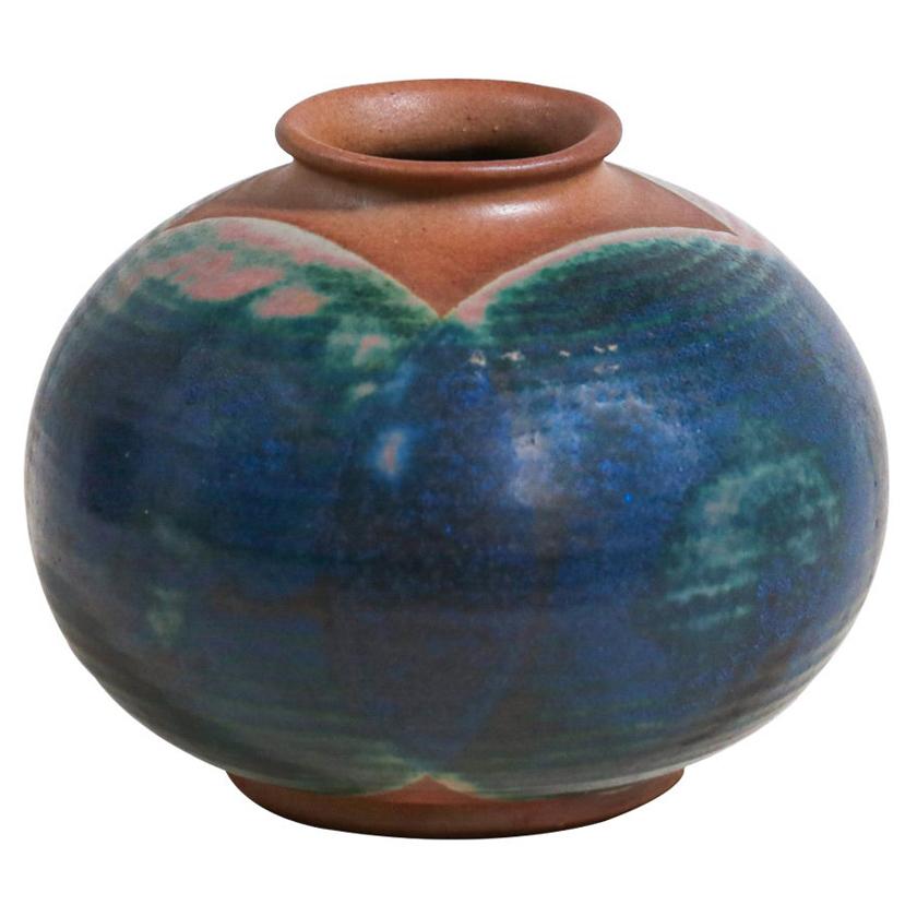 Robert Maxwell Studio Stoneware Ceramic Vase with Blue & Green Glaze For Sale
