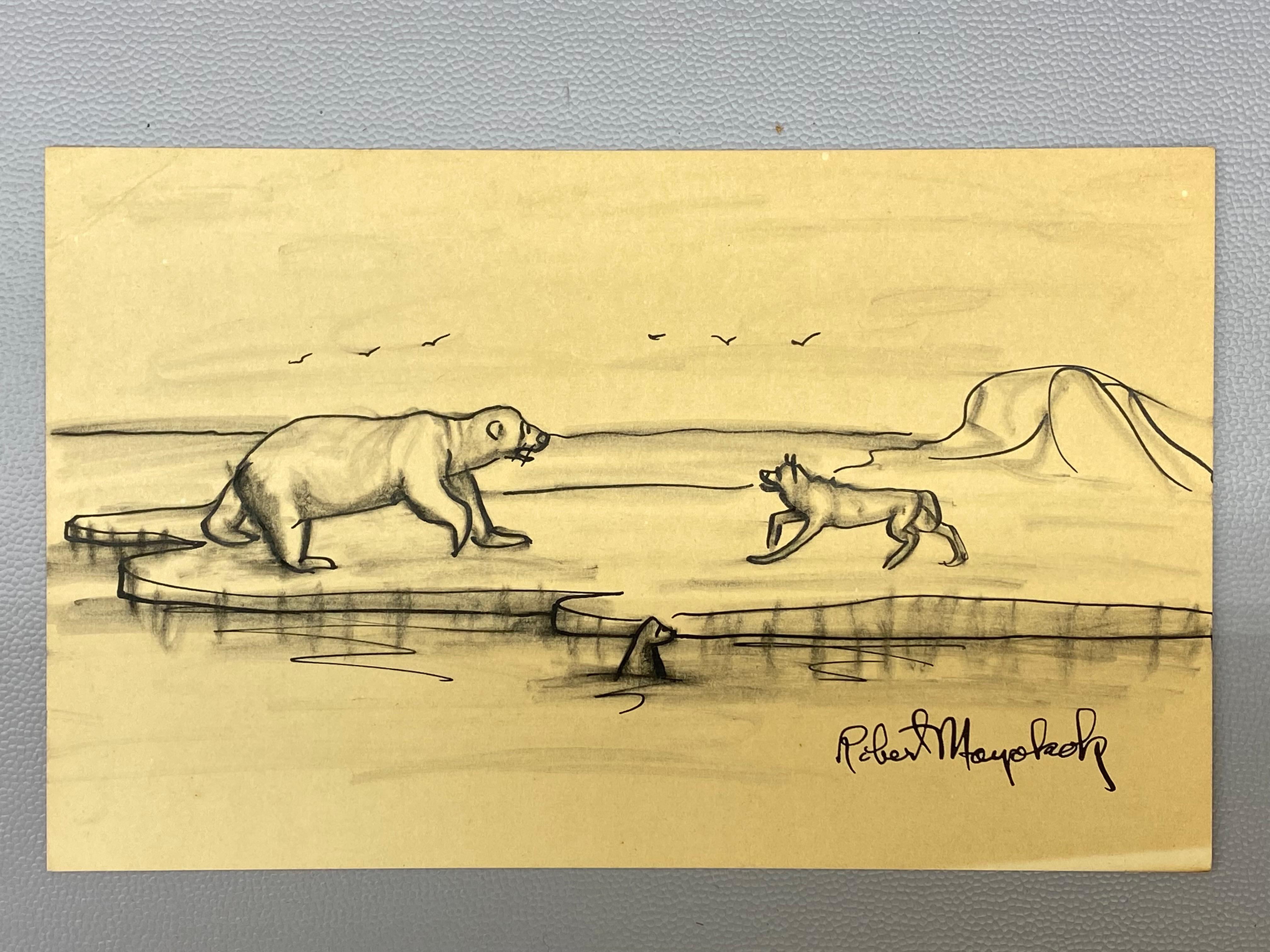 Robert Mayokok (1903-1983) Alaska Inuit Ink Wash Wildlife Drawing 5
