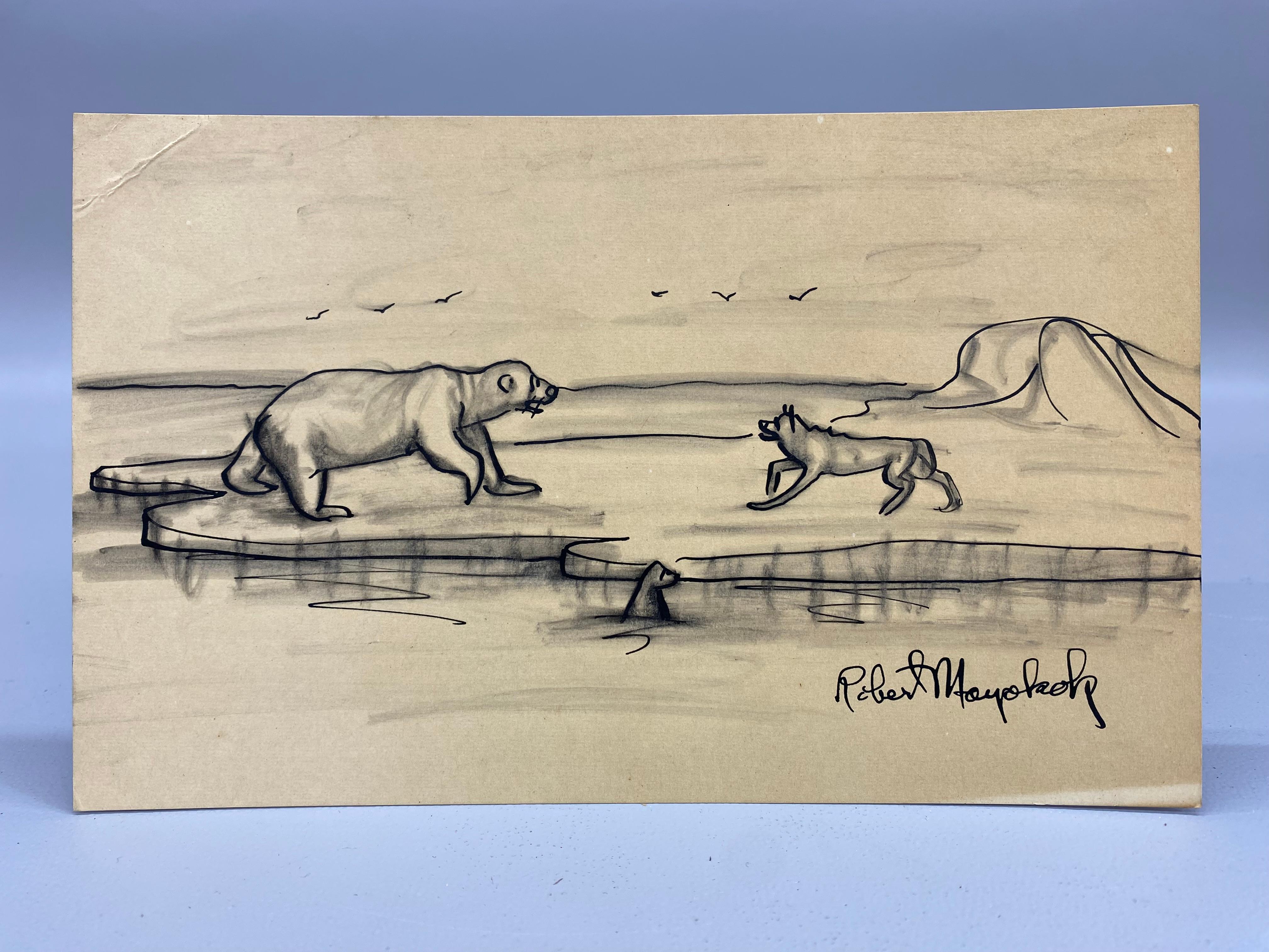 Ink and ink wash on paper by Robert Mayokok. Mayokok's early works were mainly mono-chromatic ink and ink wash renderings of Alaskan landscape and wildlife as it is depicted in this piece displaying a Polar Bear, wolf and a seal. Signed lower right