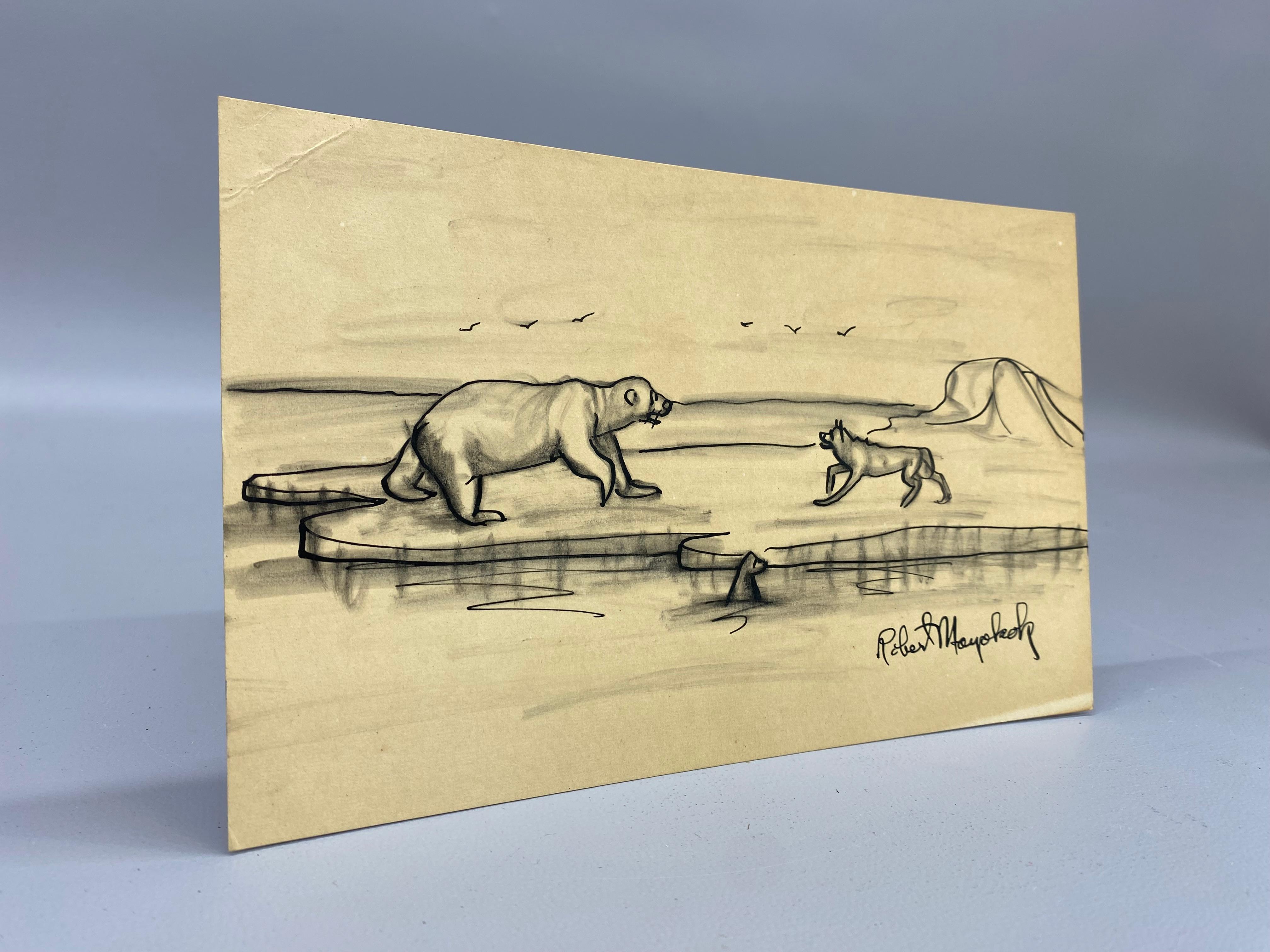 Arts and Crafts Robert Mayokok (1903-1983) Alaska Inuit Ink Wash Wildlife Drawing