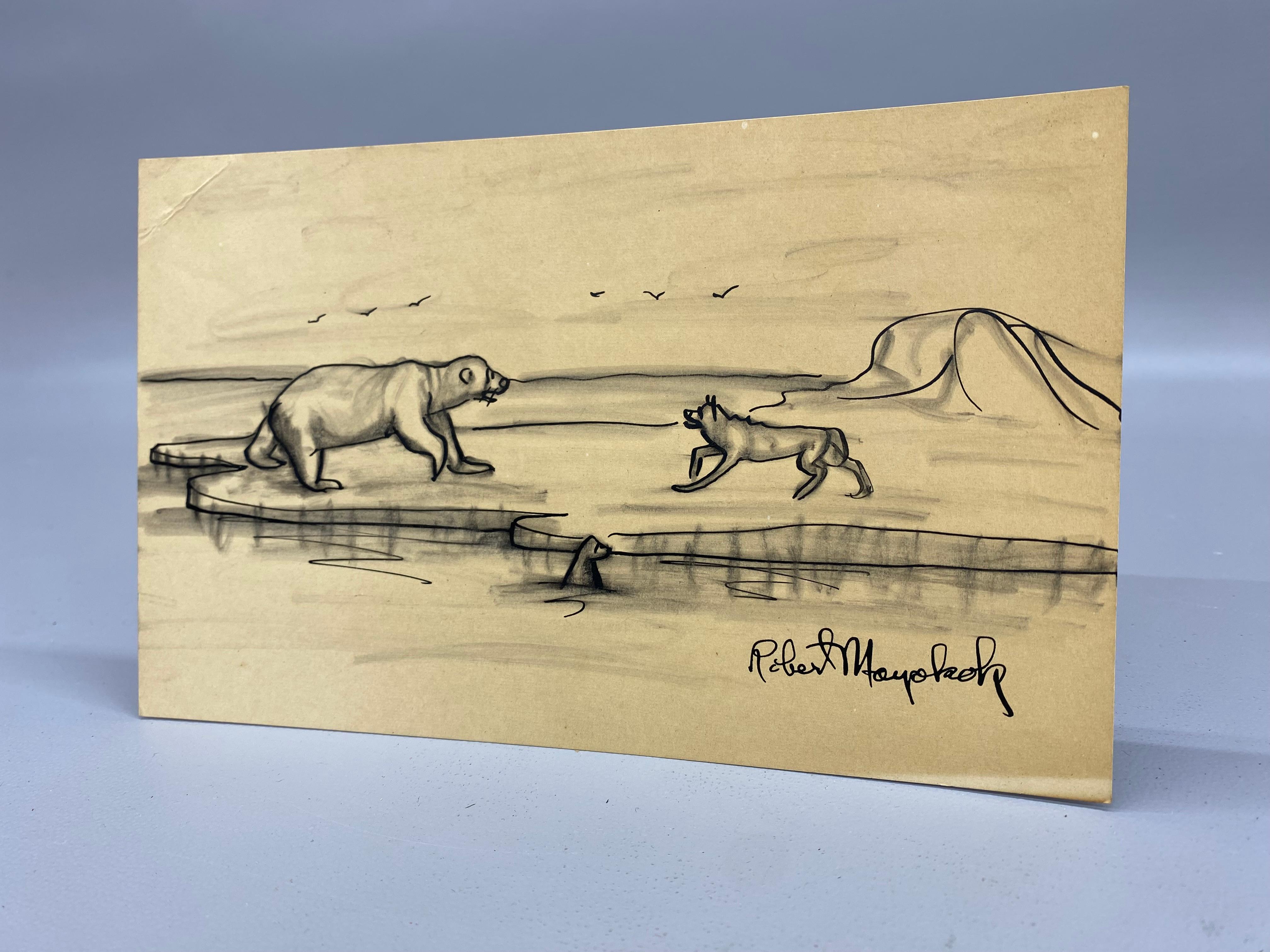 American Robert Mayokok (1903-1983) Alaska Inuit Ink Wash Wildlife Drawing