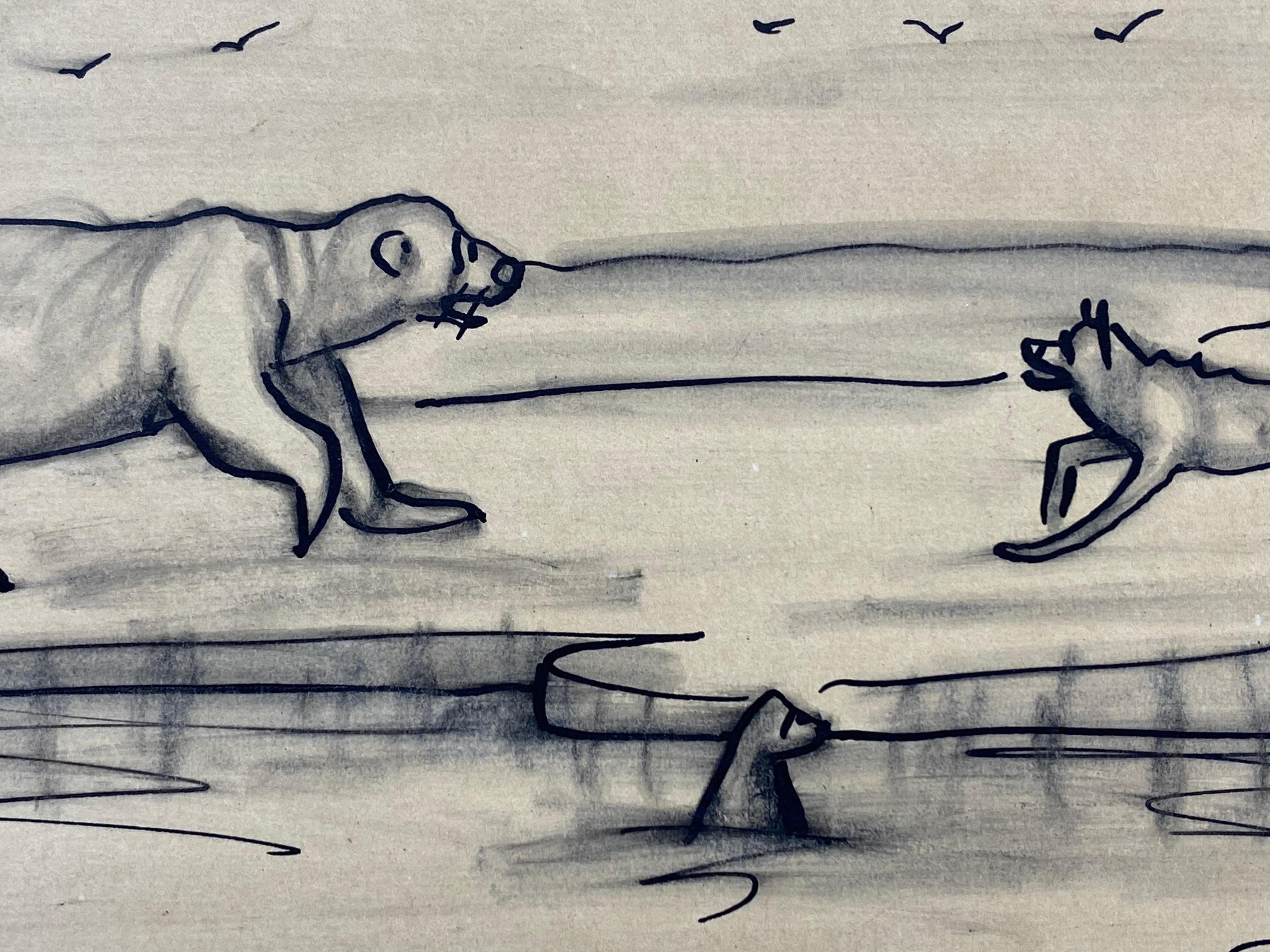 Robert Mayokok (1903-1983) Alaska Inuit Ink Wash Wildlife Drawing In Good Condition In Garnerville, NY