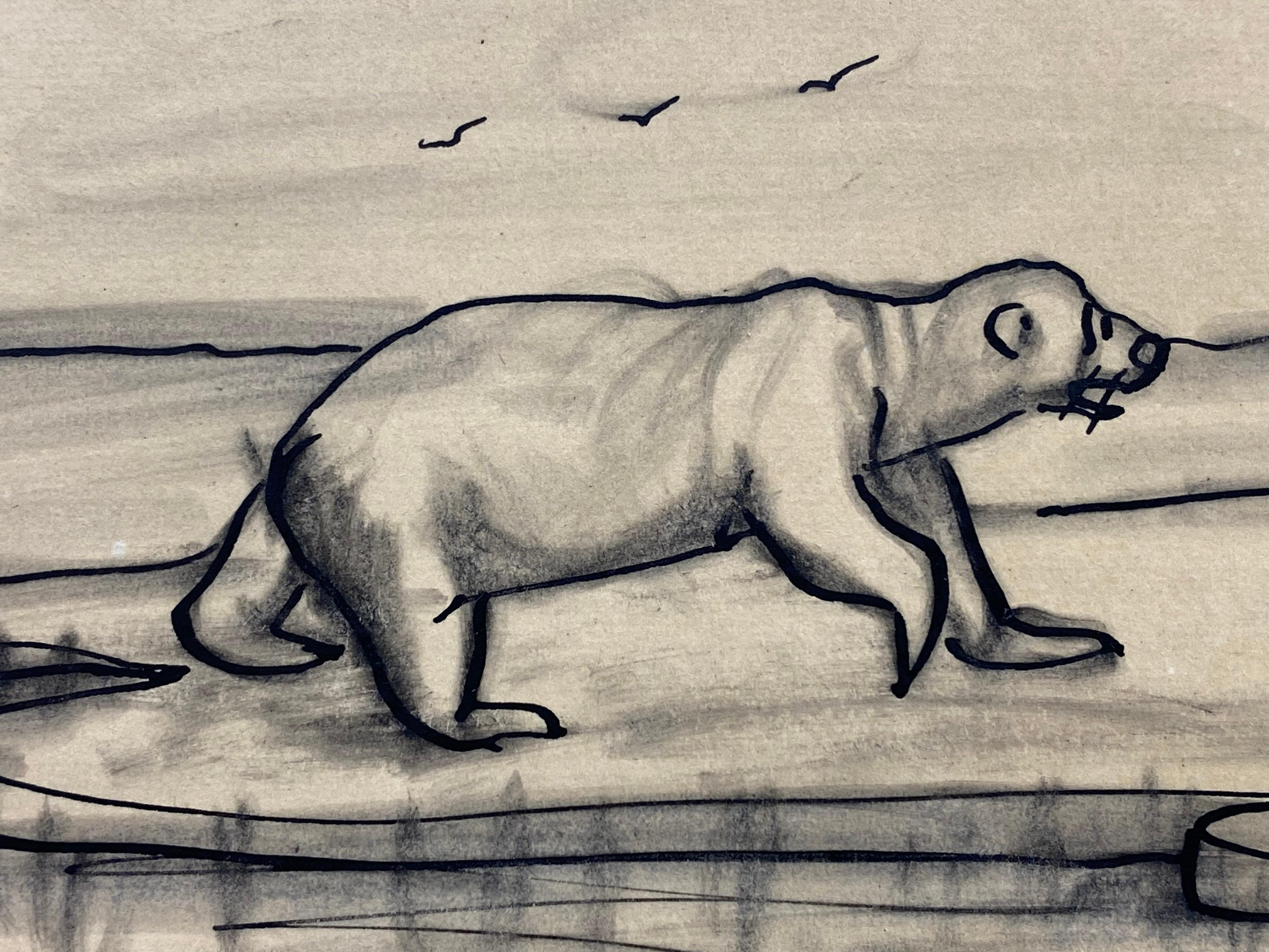 20th Century Robert Mayokok (1903-1983) Alaska Inuit Ink Wash Wildlife Drawing