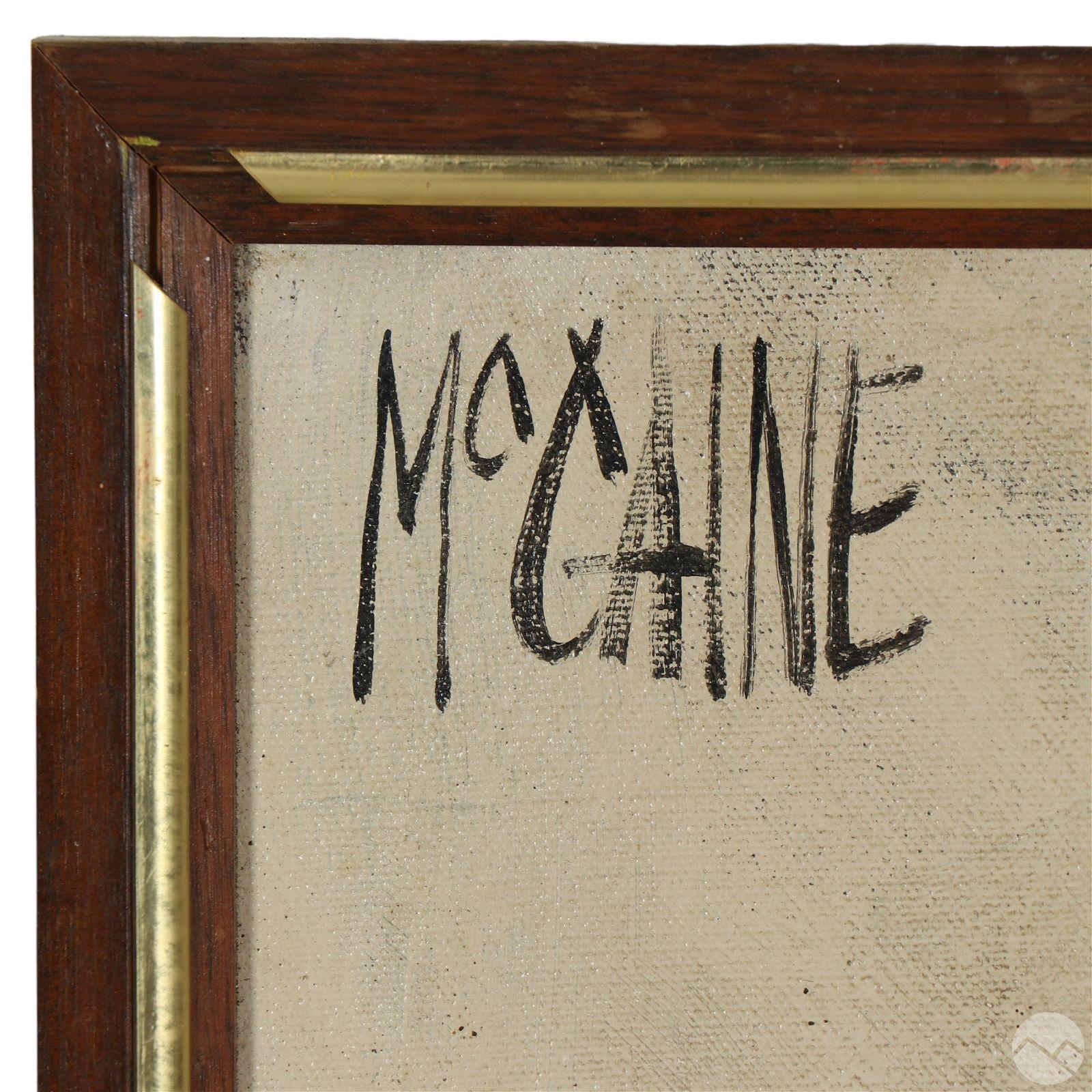 Robert McCaine (americano, XX secolo). Un dipinto originale a olio su tela nello stile della Scuola Americana del Mid Century Modern. Raffigura una figura di ragazzo e il suo cane San Bernardo. Firma dell'artista MCCAINE in alto a sinistra.
McCaine.