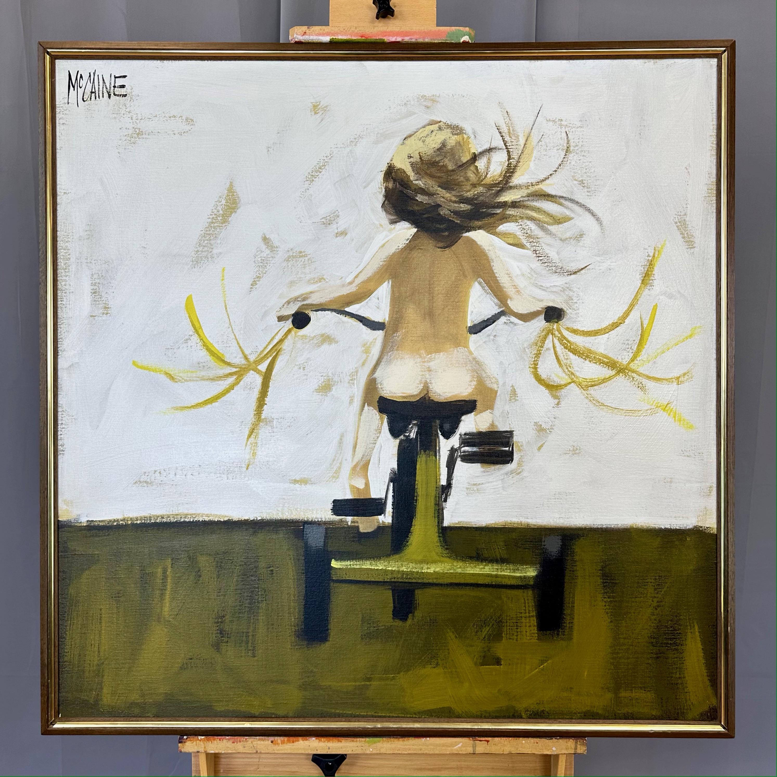A charming and large circa 1970 framed oil painting on canvas by Robert McCaine depicting a young child in their birthday suit riding away on a tricycle.

Wonderfully captures the carefree and kinetic vibe of youth. Long sandy blonde hair and