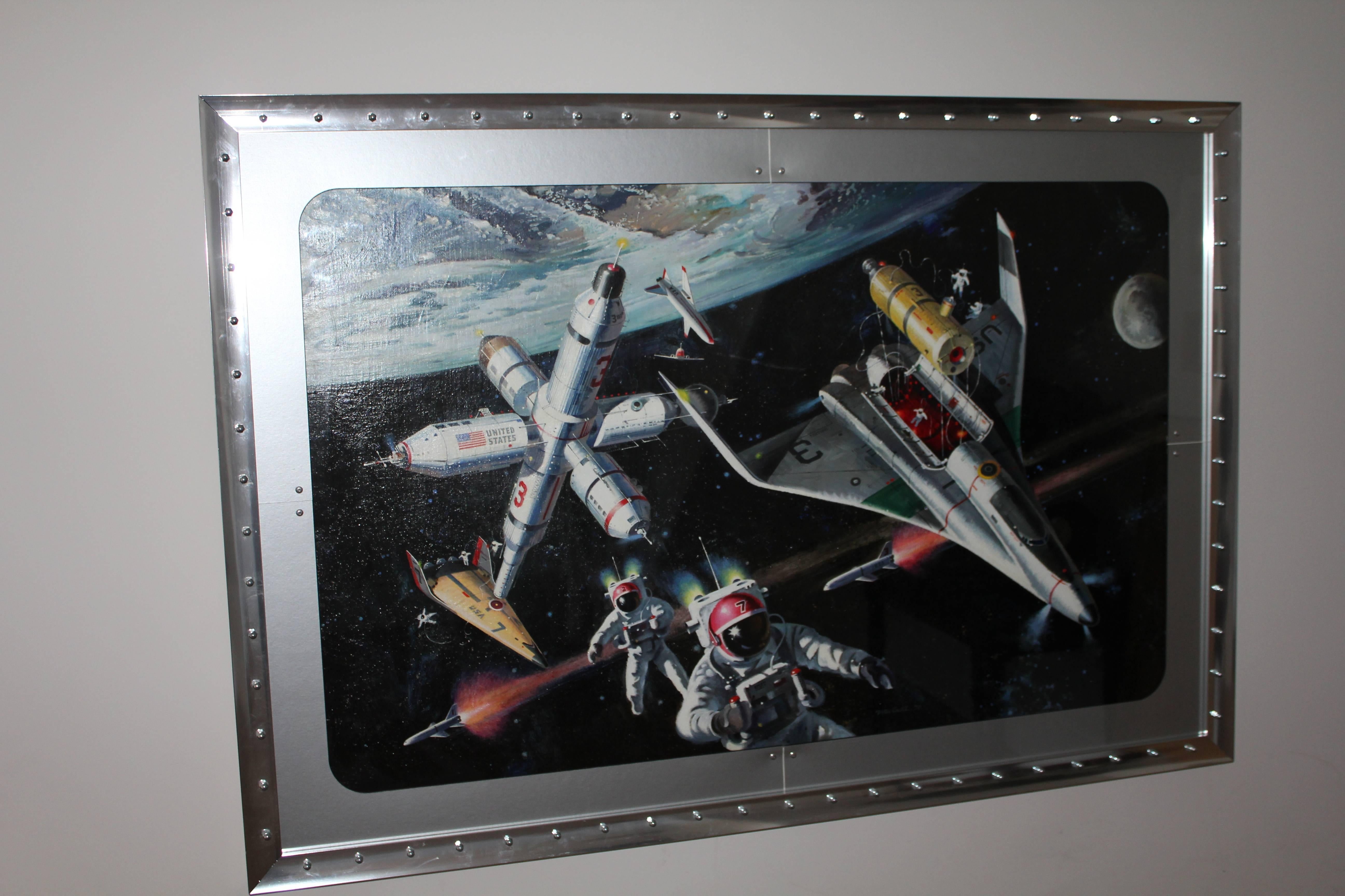 A very large and quite magnificent early example of probably one of the finest early genuine original oil / acrylic onto board conceptual space exploration works painted by Robert McCall in 1970 for NASA. Robert McCall has been recognised many times