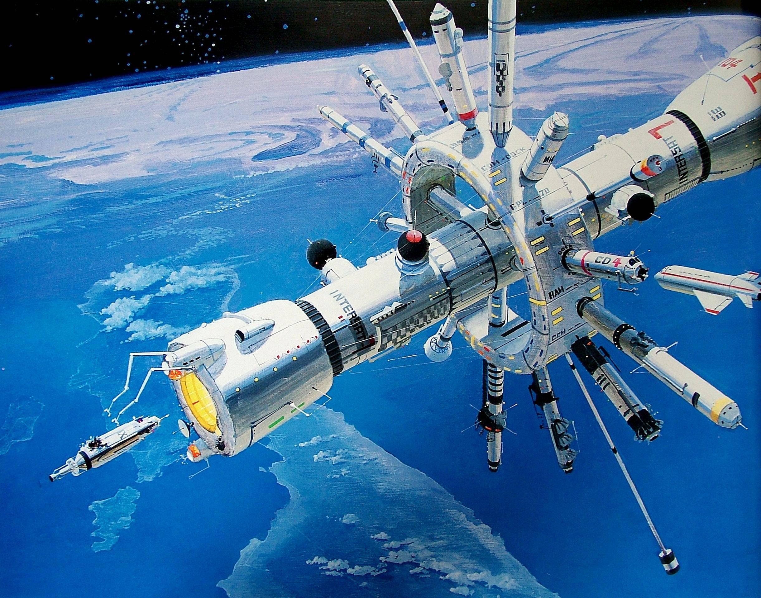 Conceptual space art sci fi art science fiction art International Space Station  - Painting by Robert McCall