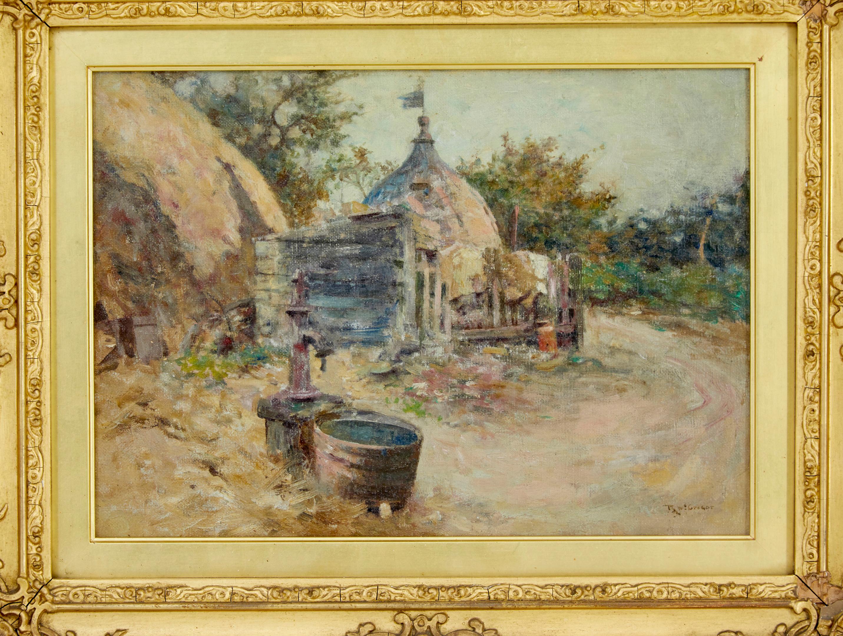 Robert Mcgregor genre oil painting of french village scene circa 1890.

Here we have a robert mcgregor (1848-1922) painting illustrating peasant life. This is a well-balanced oil on canvas revealing a french country village scene, featuring a water