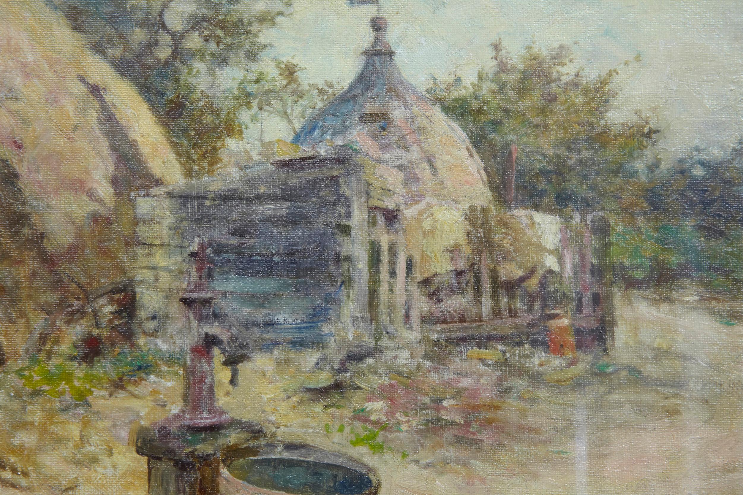 Hand-Crafted Robert McGregor Genre Oil Painting of French Village Scene For Sale