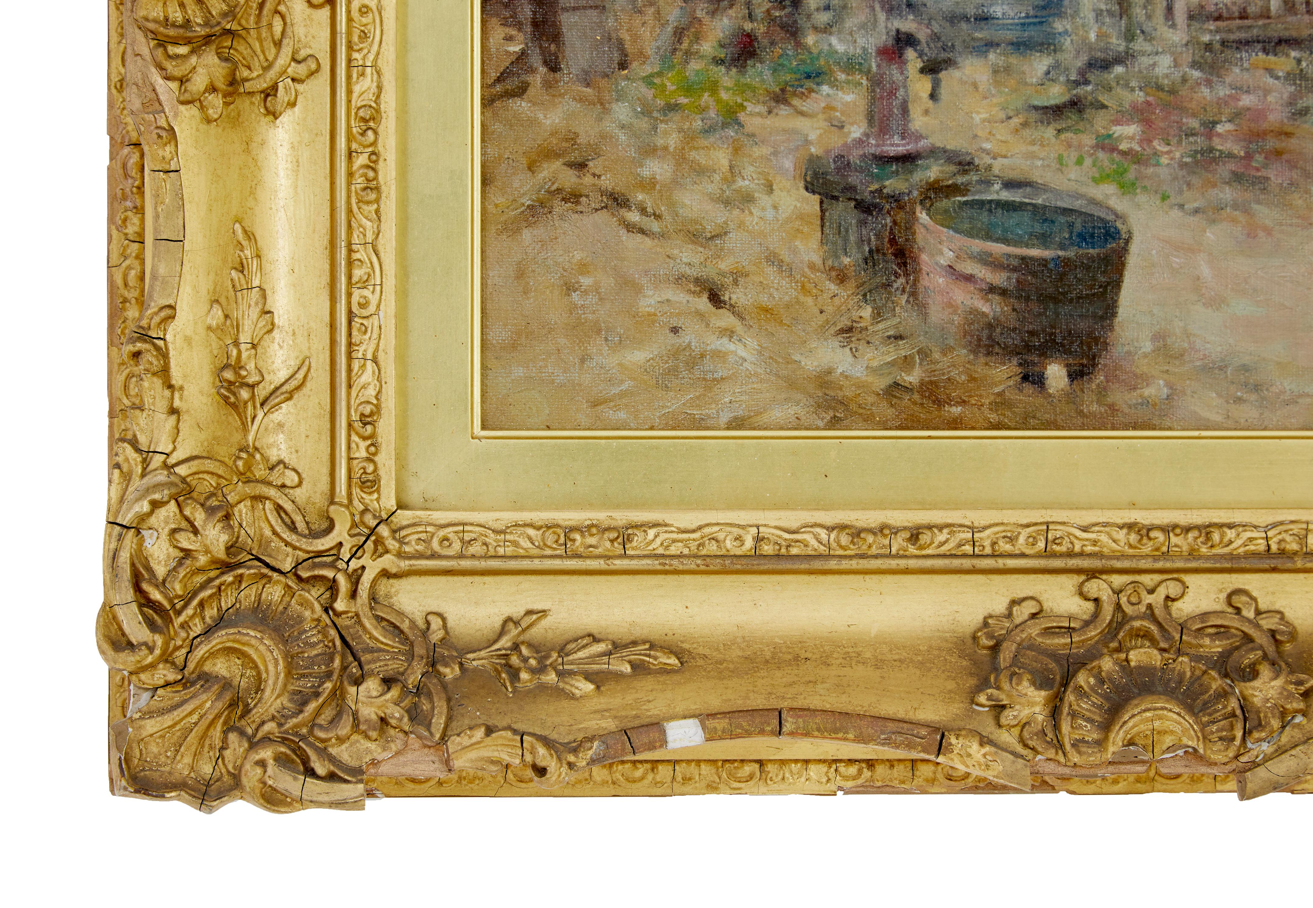 Hand-Carved Robert Mcgregor genre oil painting of french village scene For Sale