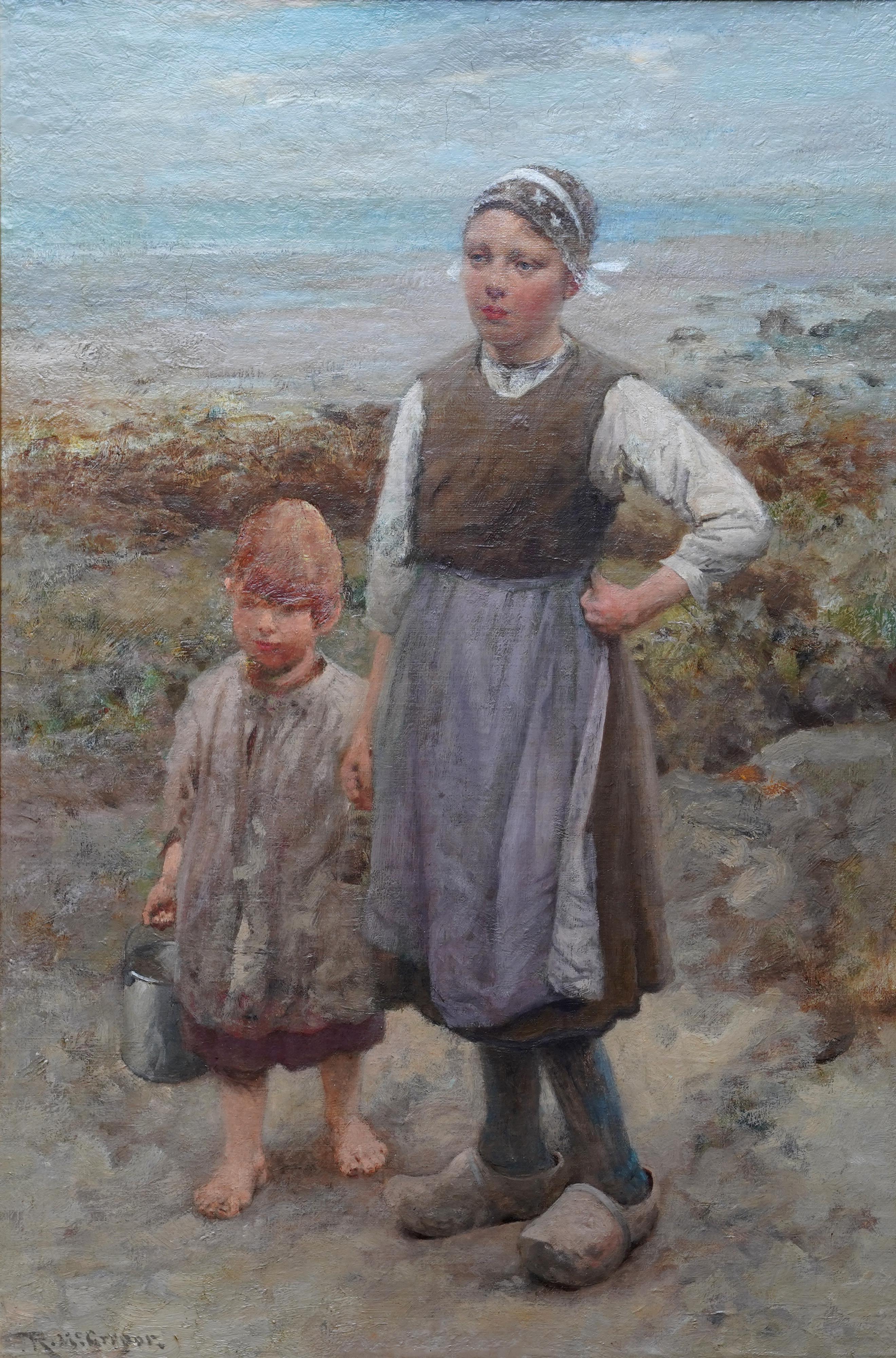 Brother and Sister - Scottish exhib. art 1918 portrait landscape oil painting For Sale 5