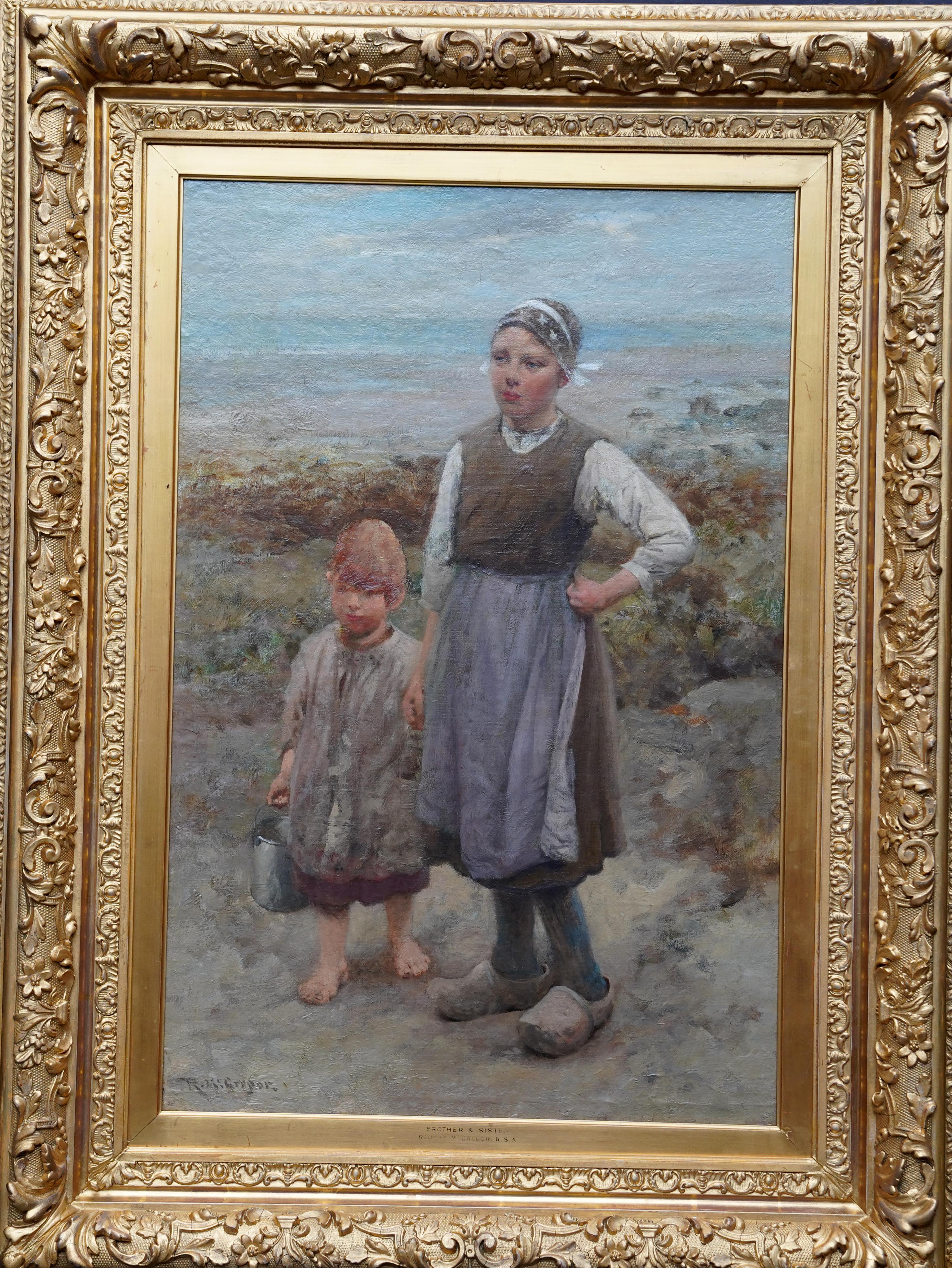 Brother and Sister - Scottish exhib. art 1918 portrait landscape oil painting For Sale 6