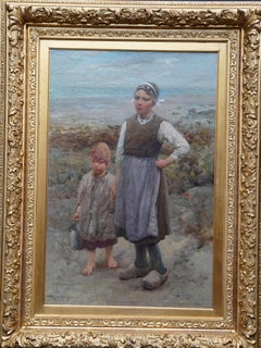 Antique Brother and Sister - Scottish exhib. art 1918 portrait landscape oil painting