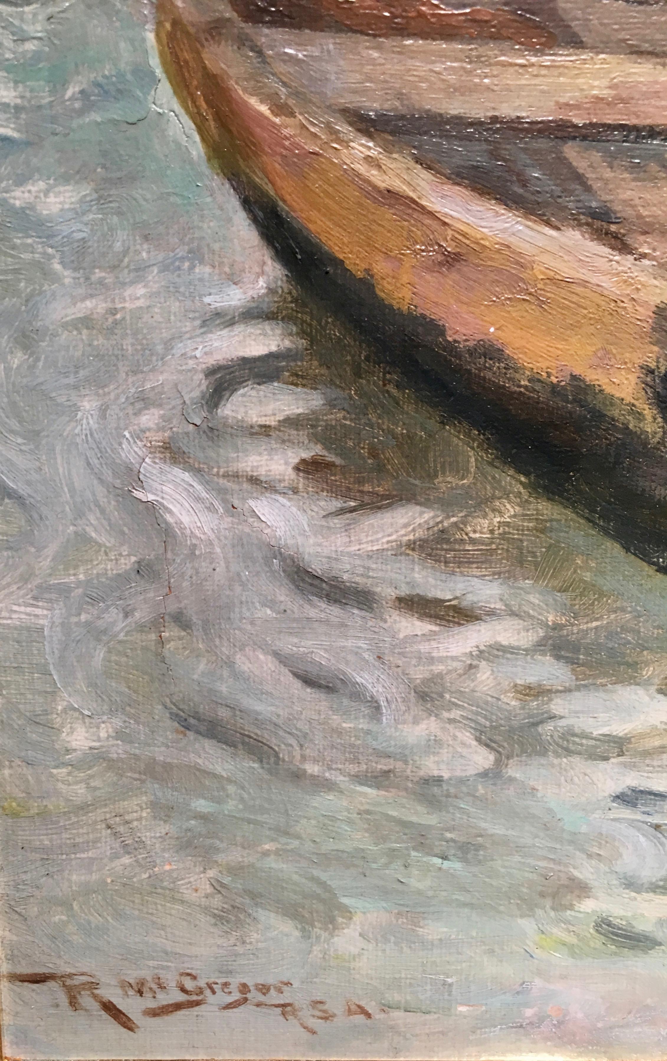 Young Scottish/English Boy paddling his boat - Brown Landscape Painting by Robert McGregor R.S.A