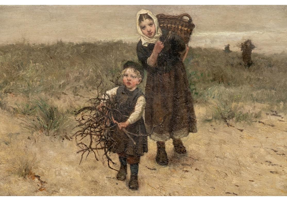 Signed and dated 1878 lower left. Children and other figures gather kindling at the shore. Sea side landscape with gray-green grasses and the sandy shore at the gray water's edge. The two children in the foreground look outward. Old torn Edingurgh