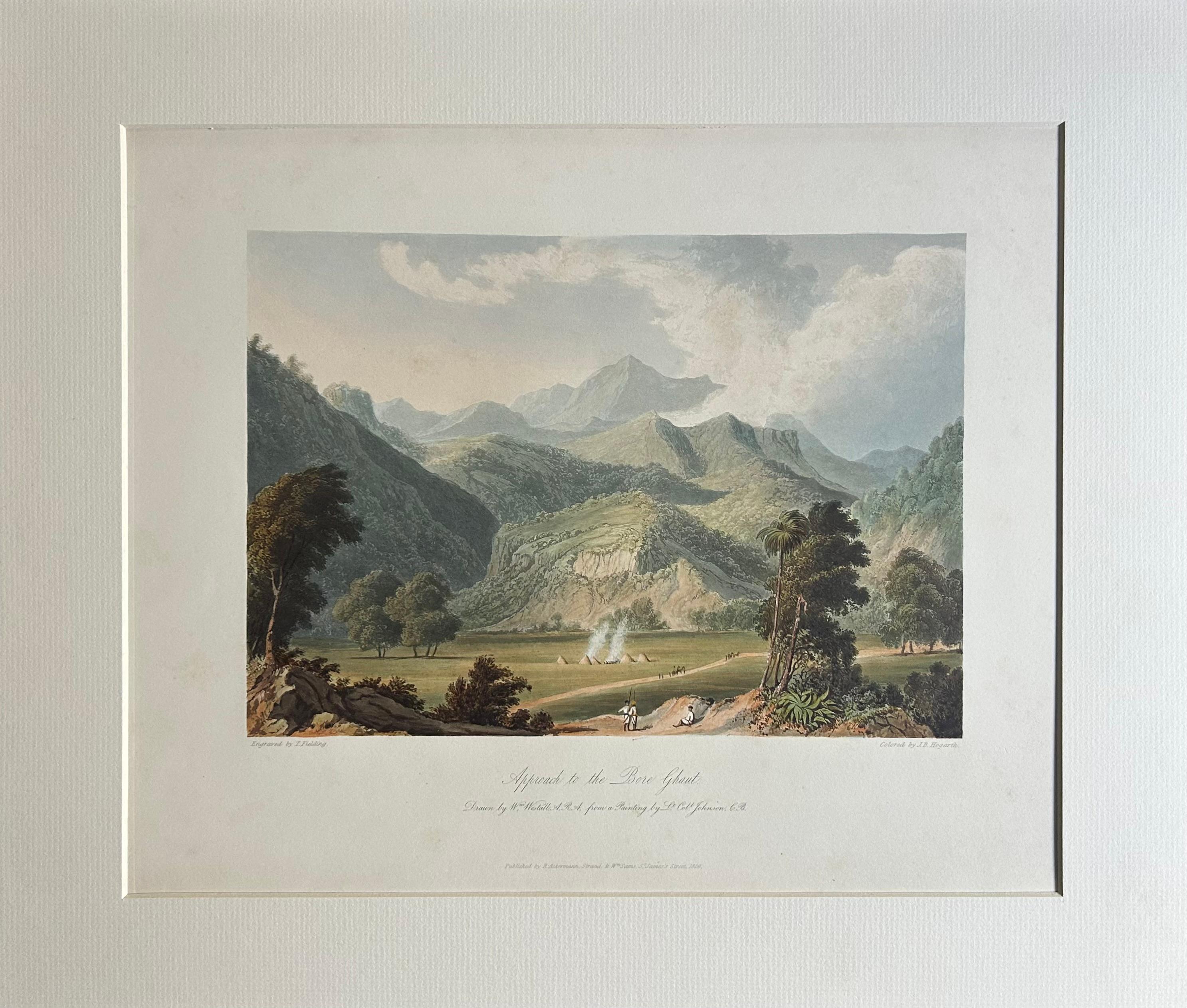 India 19th Century Original 1826 Three Hand-Colored Aquatints Landscapes Rare - Gray Print by Robert Melville Grindlay
