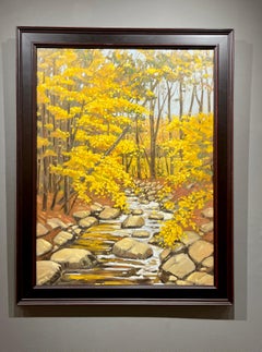 Robert Meyers, "Autumn Stream", 40x30 Fall Woods Landscape Oil Painting