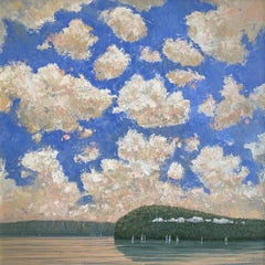 Robert Meyers, "Lifting Clouds" 36x36 Lake Mountain Landscape Painting on Canvas