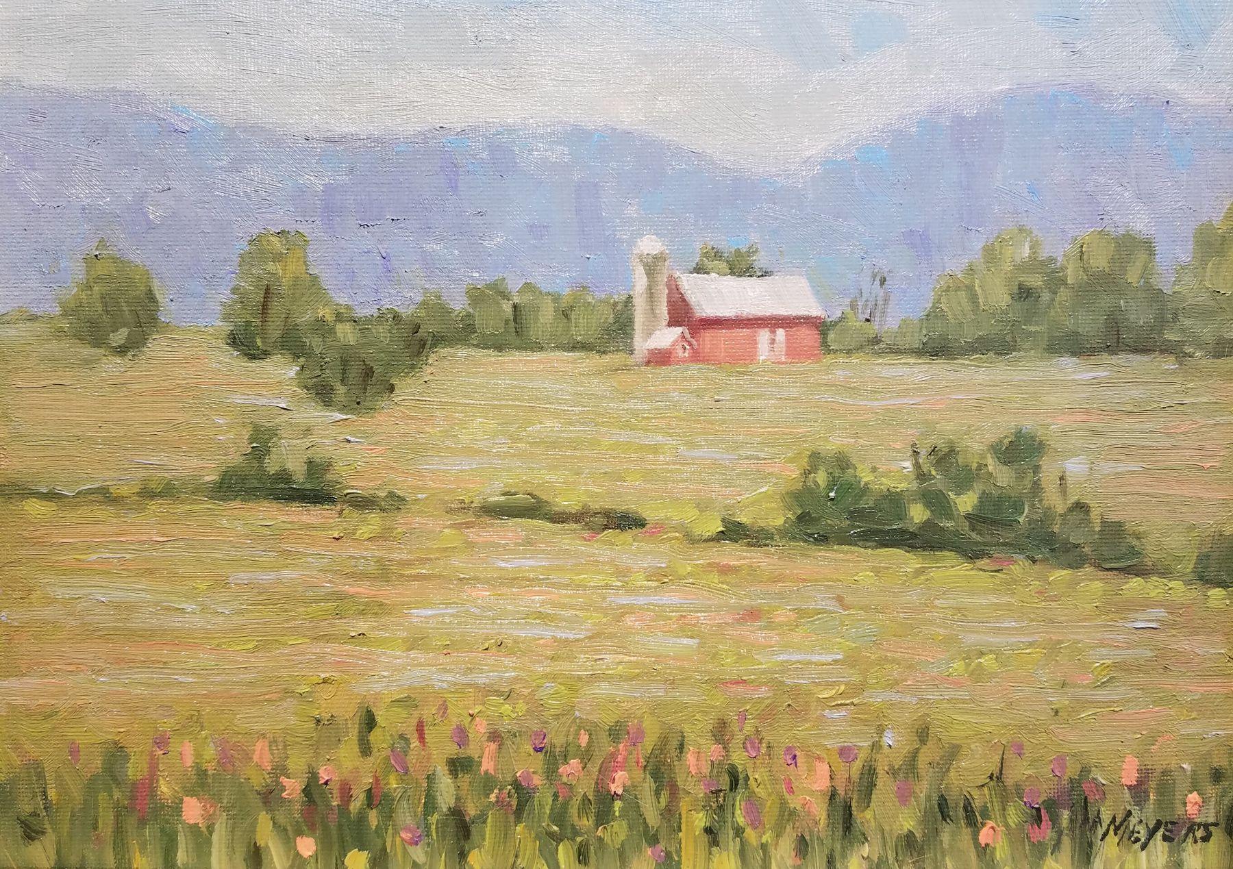 This piece, "Old Barn", is a 9x 12 oil painting on canvas by artist Robert Meyers. Featured is a peaceful pastoral landscape featuring a red barn nestled among soft green fields under a calm blue sky. Loose, expressive brushstrokes and gentle color