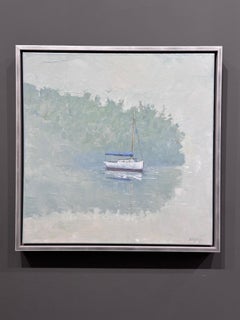 Robert Meyers, "Secret Cove", 20x20 Misty Summer Lake Sailboat Oil Painting