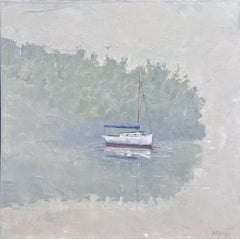 Robert Meyers, "Secret Cove", pittura a olio su barca a vela del lago estivo Misty 20x20