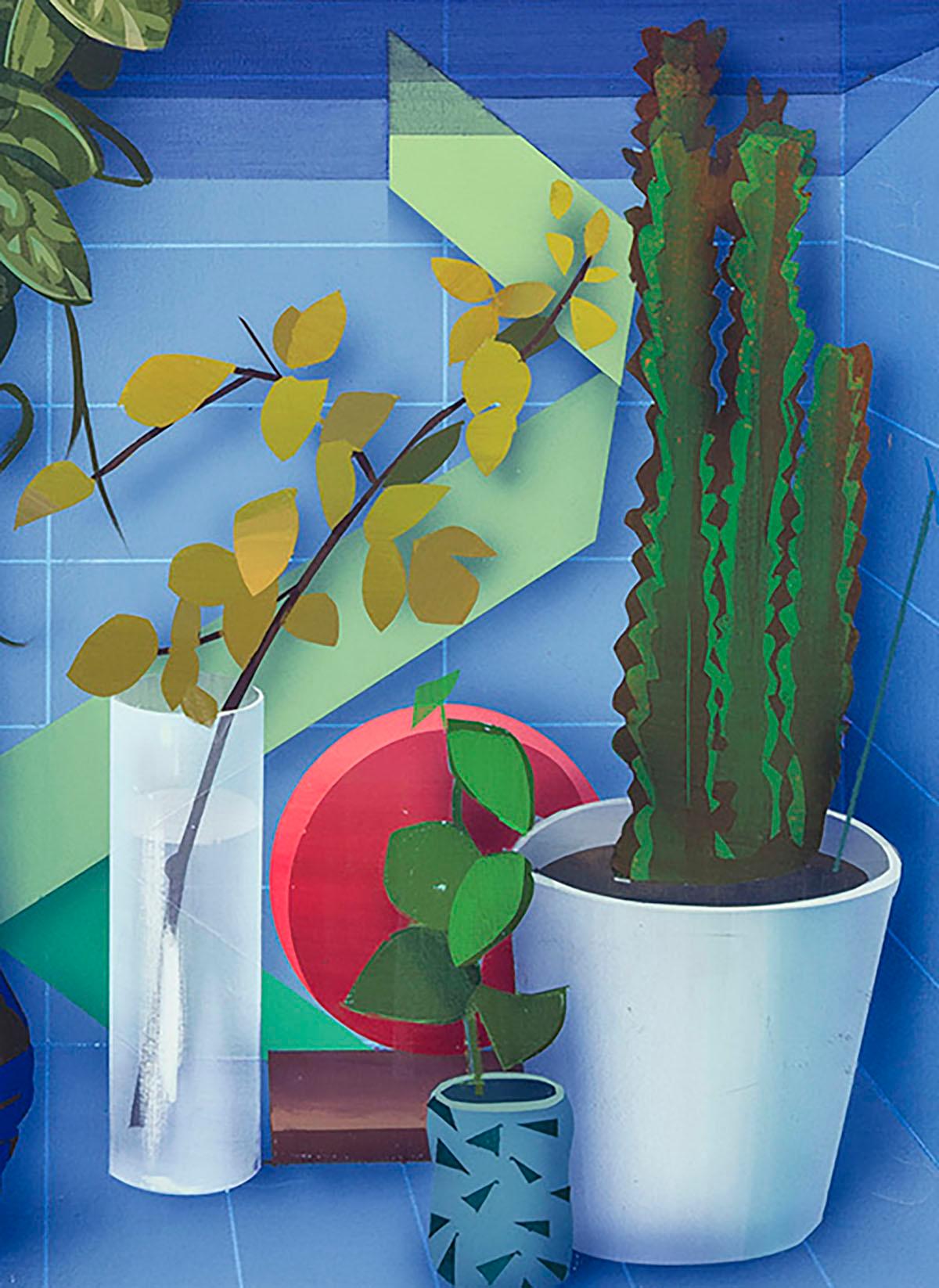 Employing paint, collage and silkscreen to masterful effect, Robert Minervini’s still life paintings are beautiful and dystopian. House plants and succulents populate shelves littered with the detritus of Eastern and Western Civilizations, begging