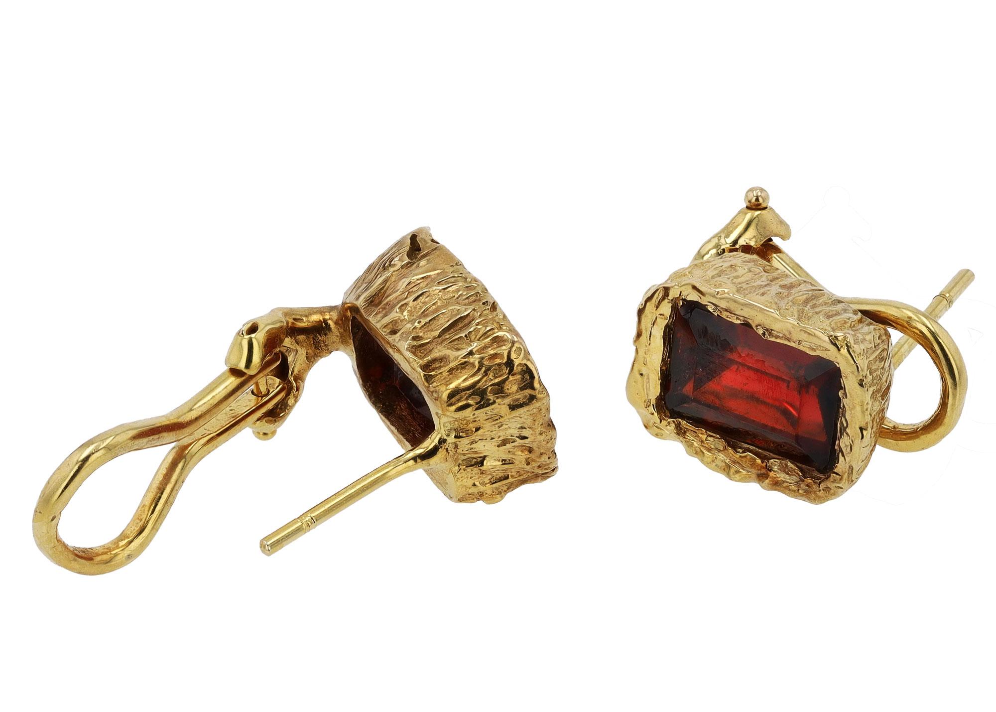 Emerald Cut Robert Mitchum Estate Garnet & Gold Brutalist Stud Earrings