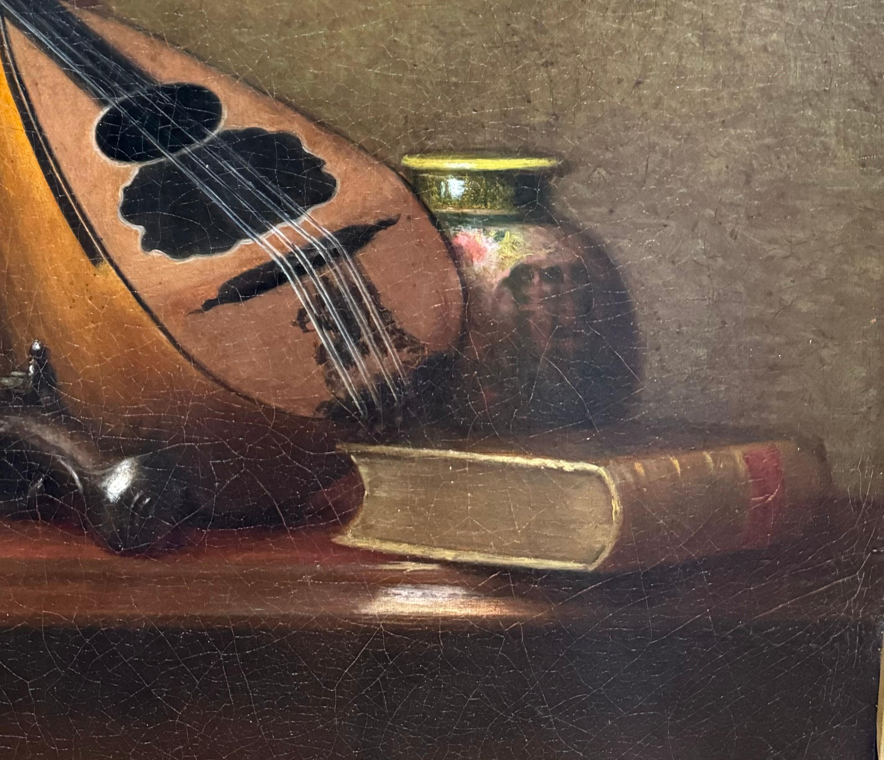 MUSEO ESPOSTO DEL 1879 Natura morta americana con vasi asiatici e mandolino in vendita 5